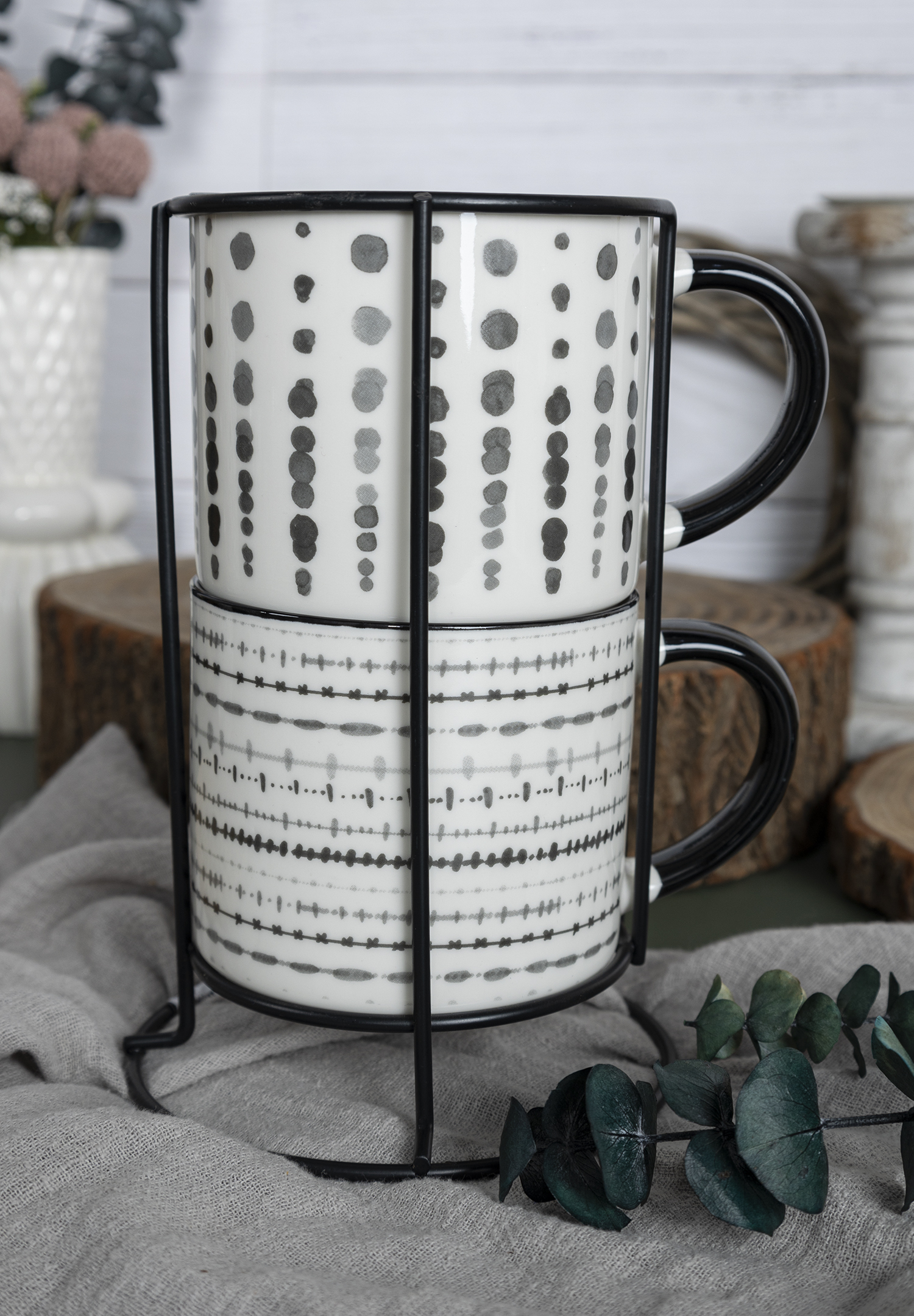 CHANGSHA HAPPY GO  Monochrome New Bone China Mug Set with Botanical and Geometric Prints in Classic Black and White  |happygodinnerware.com