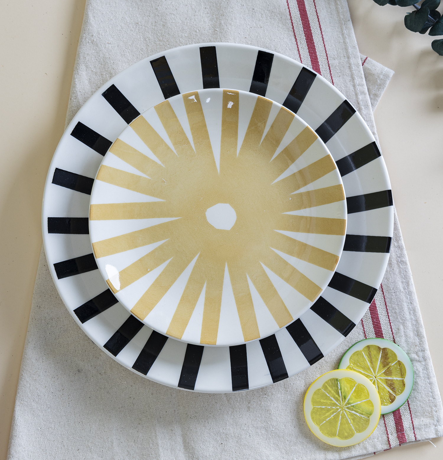 CHANGSHA HAPPY GO Fine Earthware Dinnerware Set with Classic Vertical Stripes and Mixed Grid Hand-Painted Patterns  |happygodinnerware.com