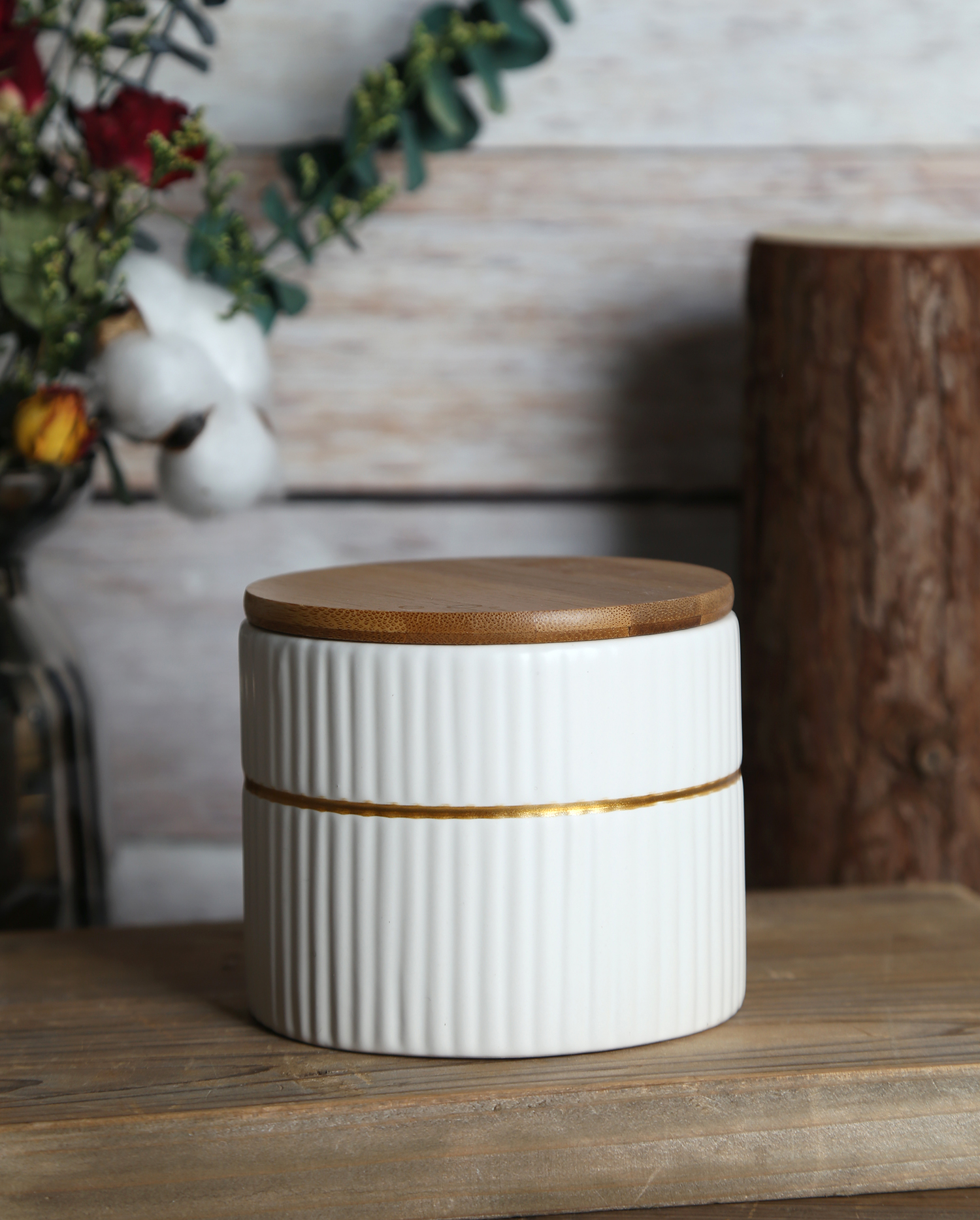 CHANGSHA HAPPY GO Ribbed Storage Jar with Gold Trim and Bamboo Lid in White Cloud Clay | happygodinnerware.com