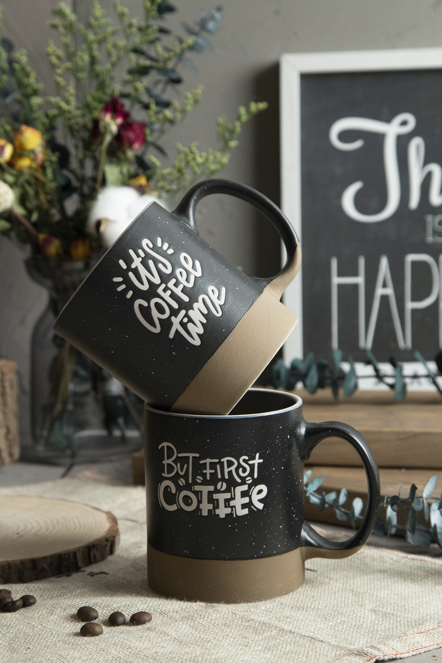 CHANGSHA HAPPY GO Coffee Lover Stoneware Mugs with Half-Cut Cosmetic Clay Design | happygodinnerware.com