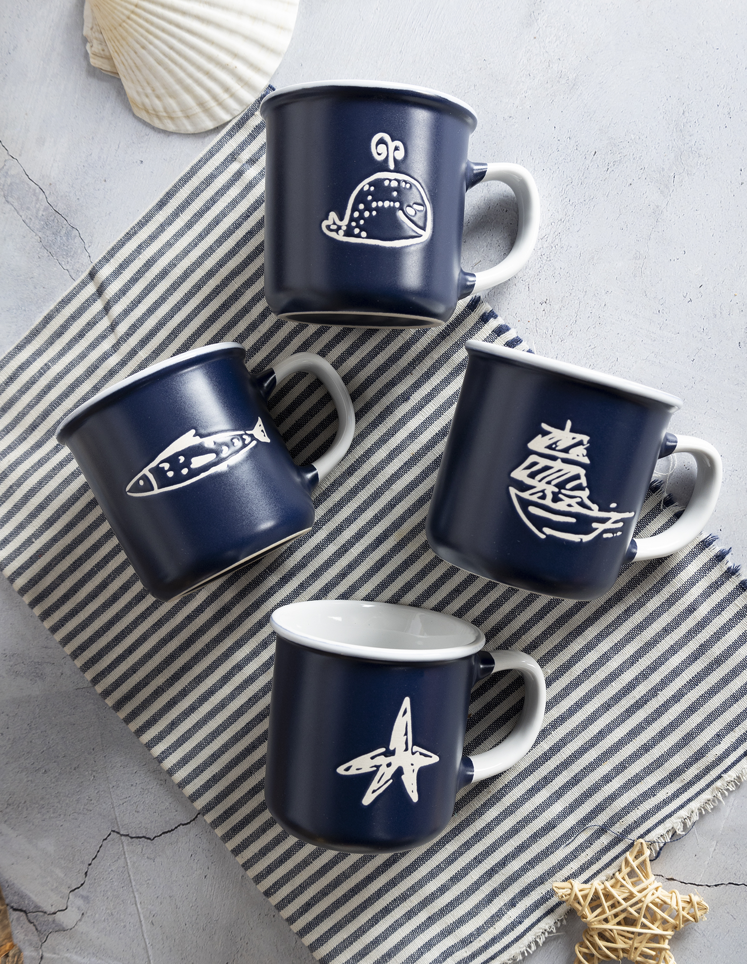 CHANGSHA HAPPY GO  Marine-Themed Matte Glazed Stoneware Set – 16-Piece Nautical Print Mugs and Bowls in Deep Blue |happygodinnerware.com