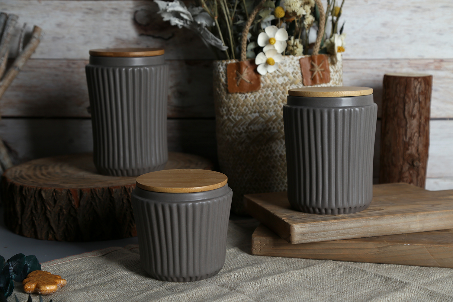 CHANGSHA HAPPY GO Vertical Striped Embossed Storage Jars with Bamboo Lid | happygodinnerware.com