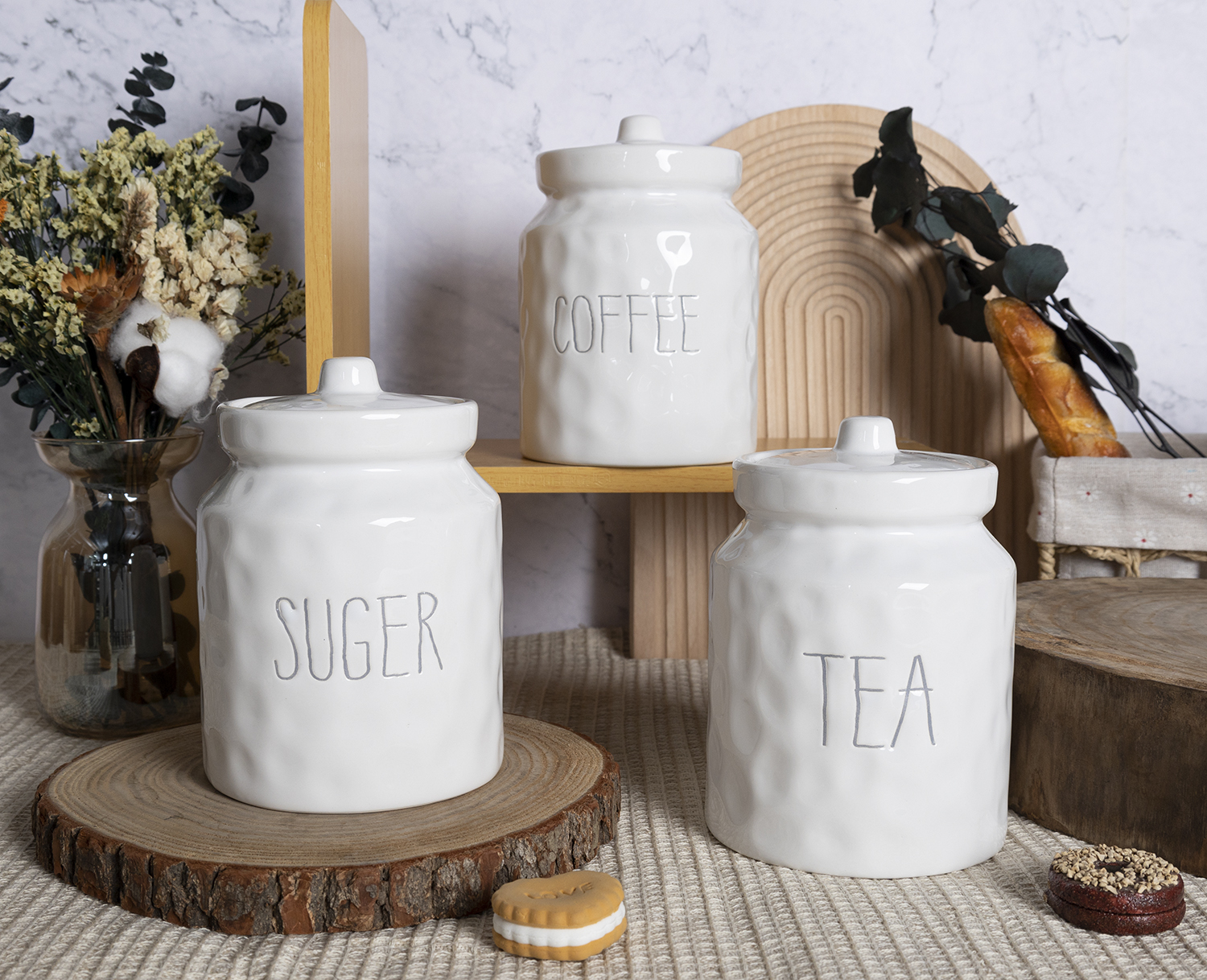 CHANGSHA HAPPY GO White Embossed Ceramic Kitchen Jar Collection with Script Lettering and Red Heart Decor Accents |happygodinnerware.com
