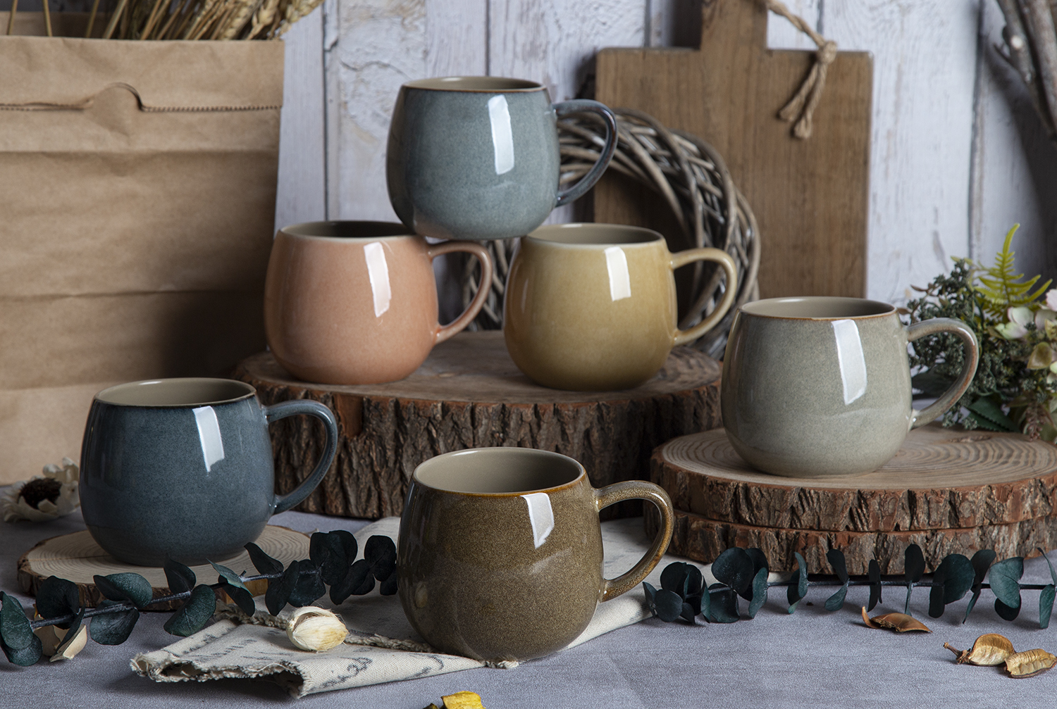 CHANGSHA HAPPY GO Grey, Peach, Yellow, Olive & Brown Globe Reactive Mugs |happygodinnerware.com