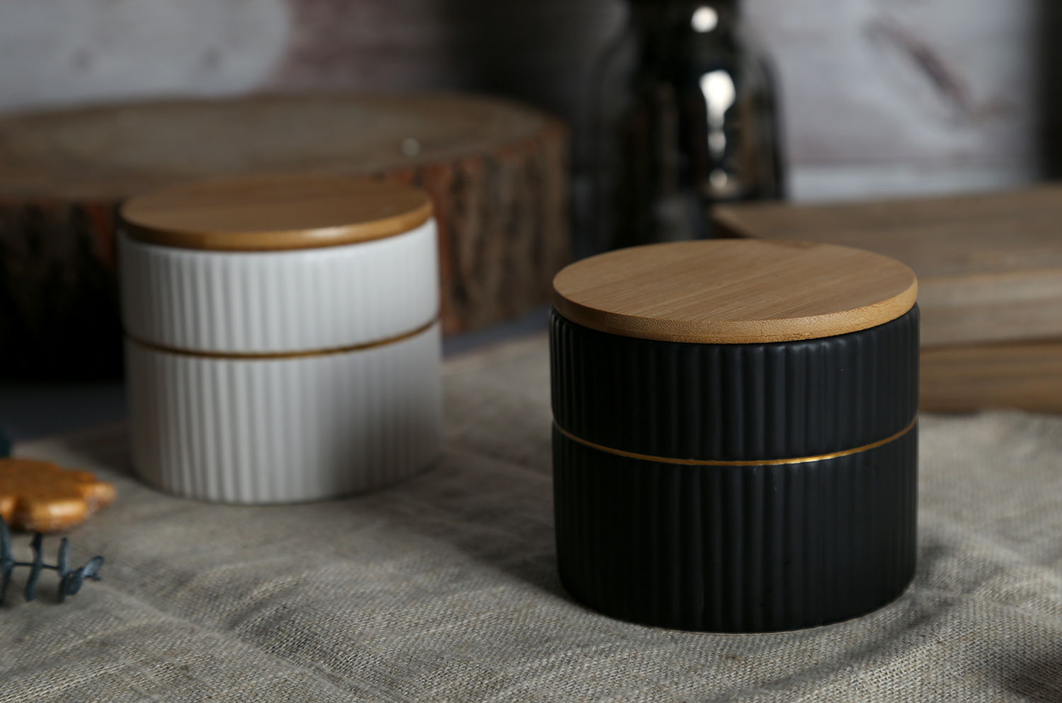 CHANGSHA HAPPY GO Ribbed Storage Jar with Gold Trim and Bamboo Lid in White Cloud Clay | happygodinnerware.com
