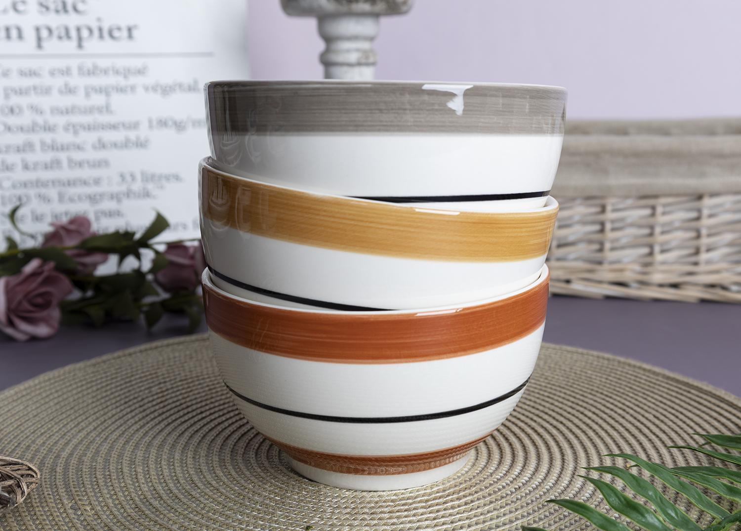 CHANGSHA HAPPY GO Autumn and Winter Handpainted Fine Earthenware Dinnerware Set with Warm Stripes and Cozy Seasonal Colors  |happygodinnerware.com
