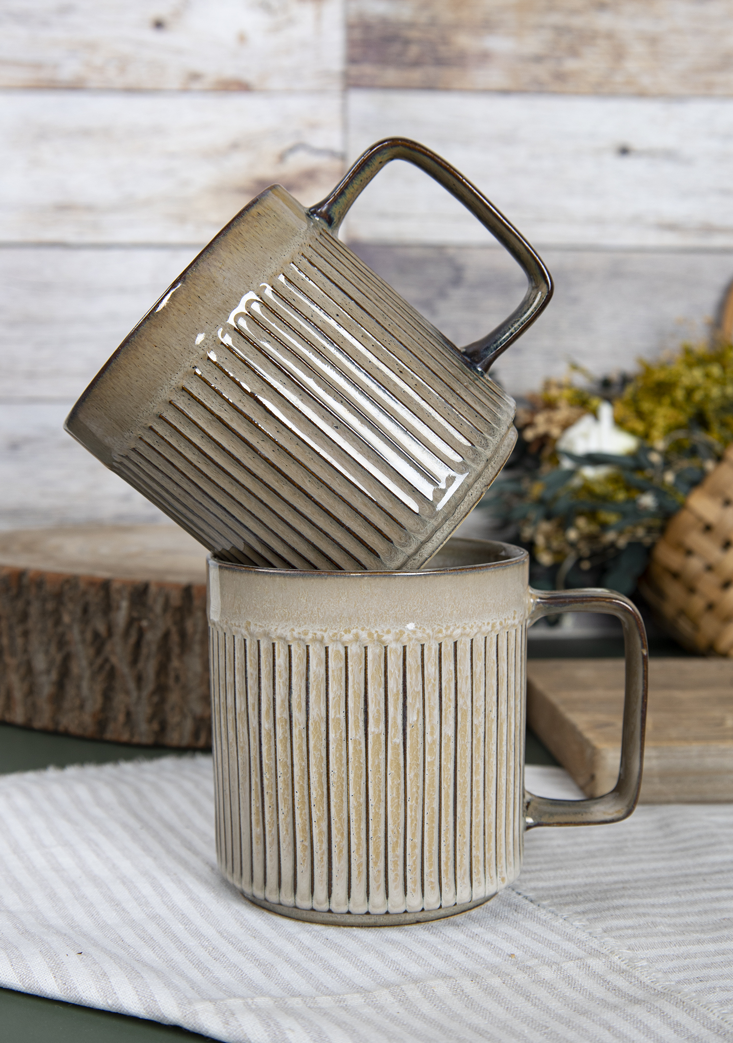CHANGSHA HAPPY GO Vintage Matte Embossed Striped Stoneware Mug Set with Handcrafted Texture for Coffee and Tea  |happygodinnerware.com