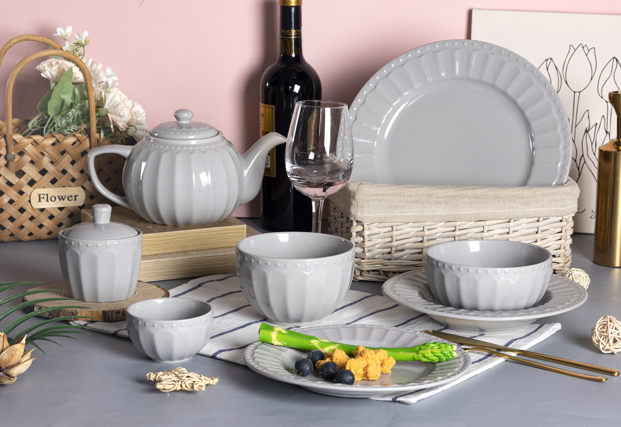 CHANGSHA HAPPY GO  Gray Embossed Stoneware British Afternoon Tea and Dinnerware Set with Minimalist Design  |happygodinnerware.com