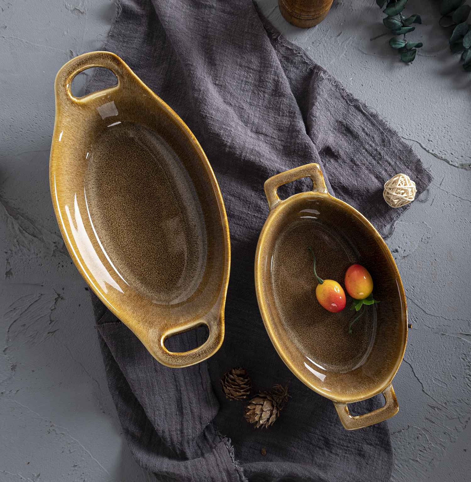 CHANGSHA HAPPY GO Vintage Japanese Style Reactive Glaze Stoneware Baking Dish Set with Ear Handles for Oven-to-Table Serving |happygodinnerware.com