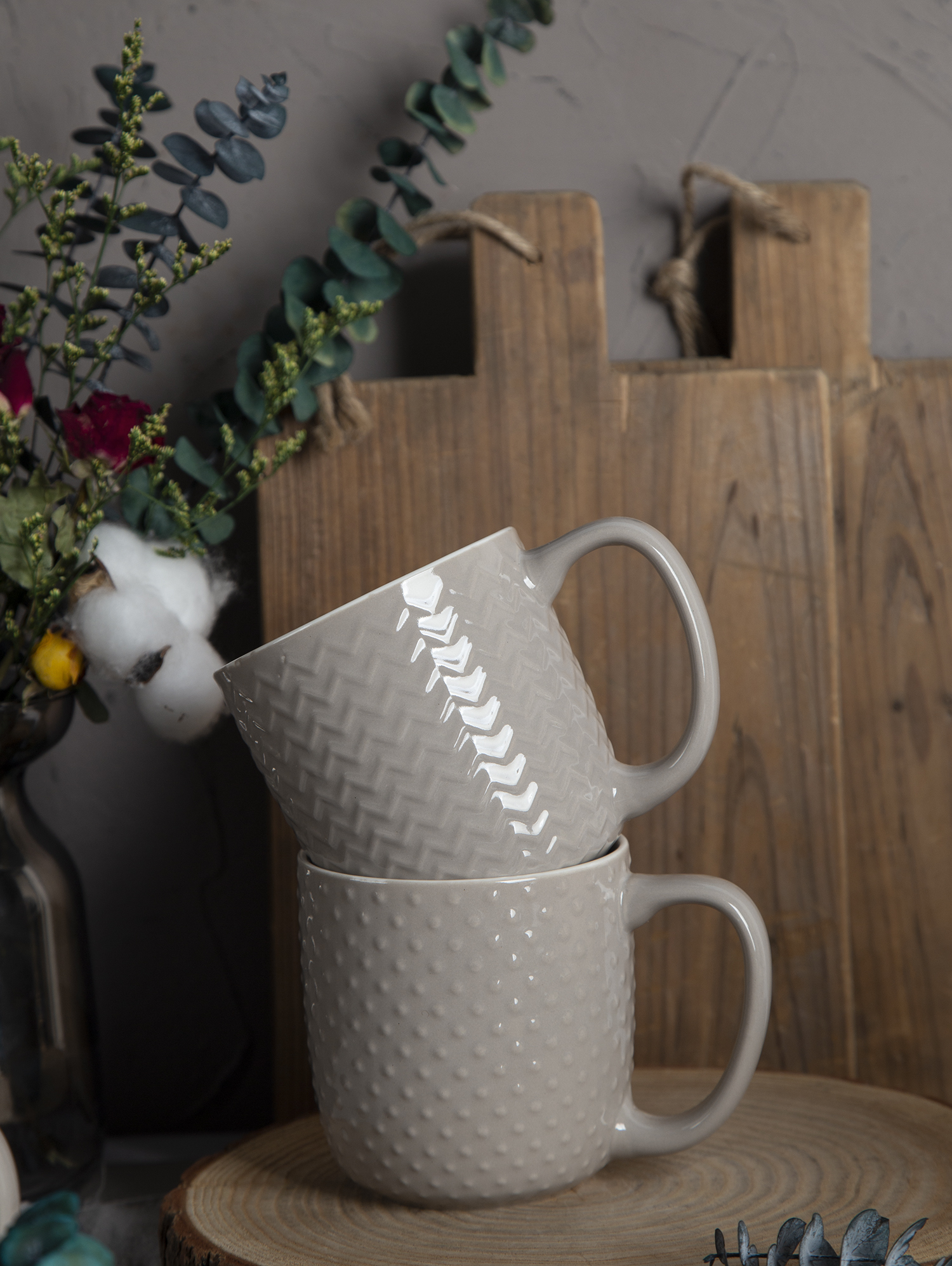 CHANGSHA HAPPY GO Taupe Embossed Bone China Mugs – Glossy Color Glaze with 3D Texture Relief |happygodinnerware.com