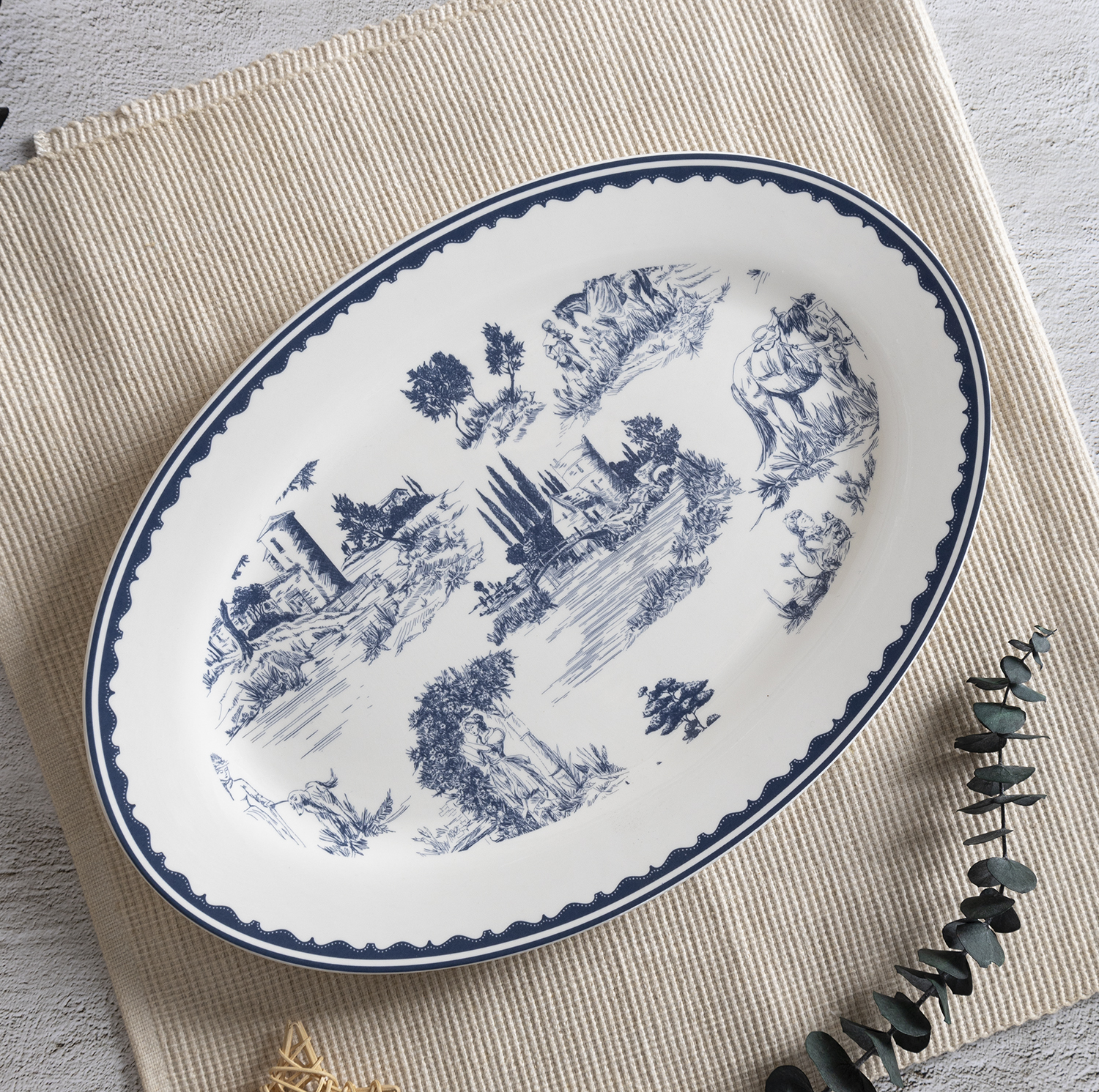 CHANGSHA HAPPY GO Blue Countryside Landscape Bone China Dinner Set – Floral Rim and Pastoral Scene Print |happygodinnerware.com