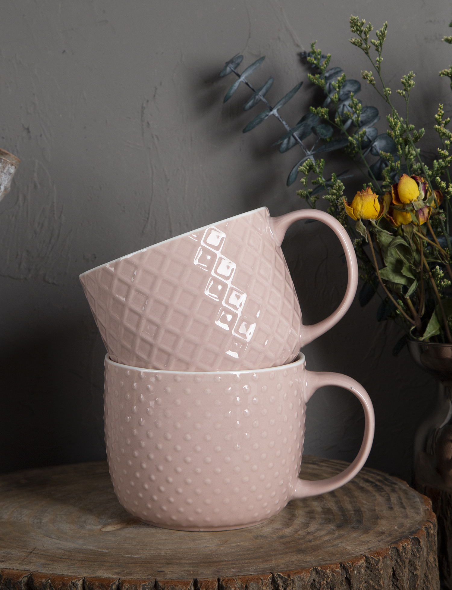 CHANGSHA HAPPY GO Pink Embossed Bone China Mugs – Glossy Color Glaze with Relief Texture Patterns |happygodinnerware.com