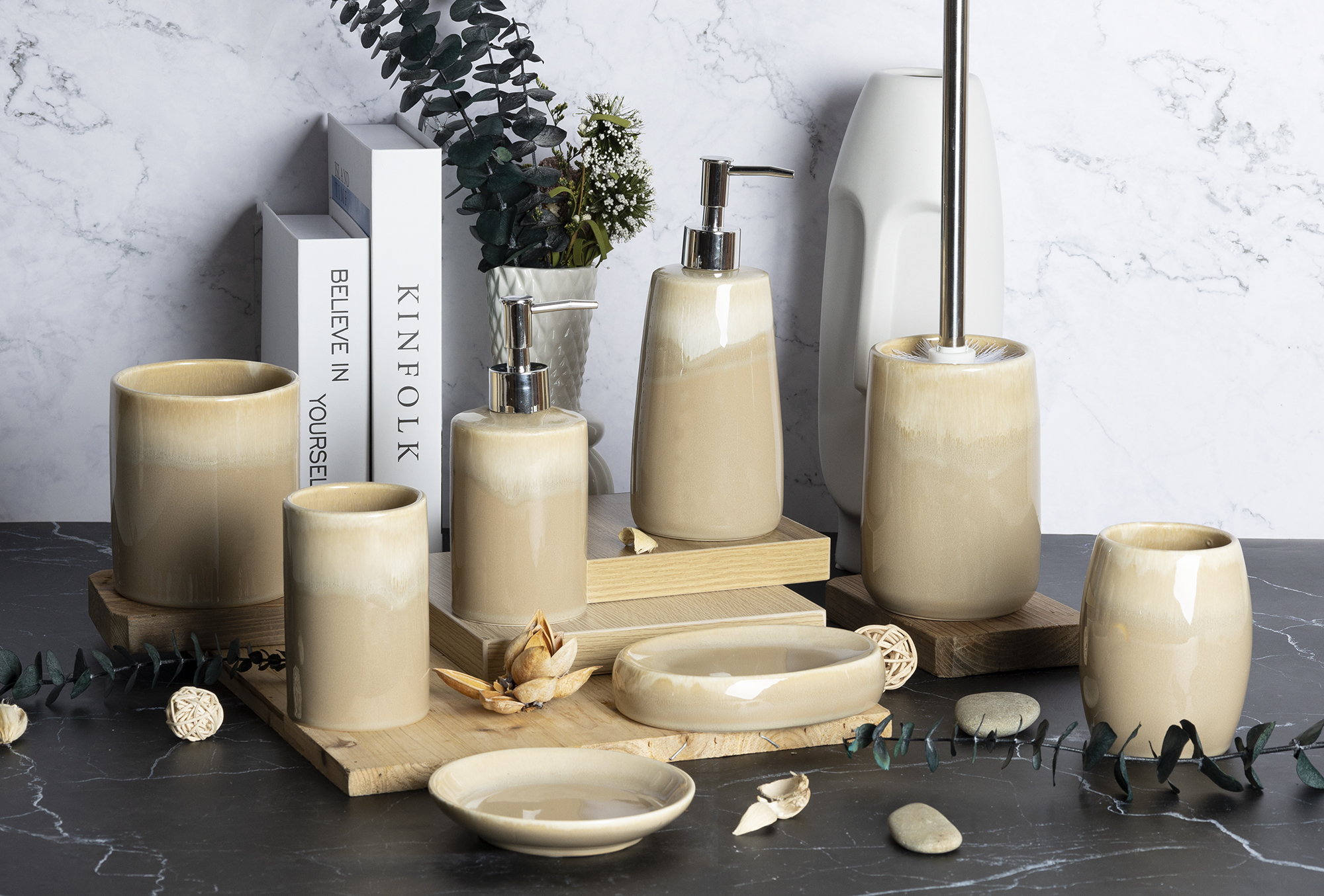 CHANGSHA HAPPY GO Light Beige Reactive Glaze Stoneware Bathroom Set – 7-Piece Rustic Ceramic Accessory Kit with Soap Dispenser and Canister |happygodinnerware.com