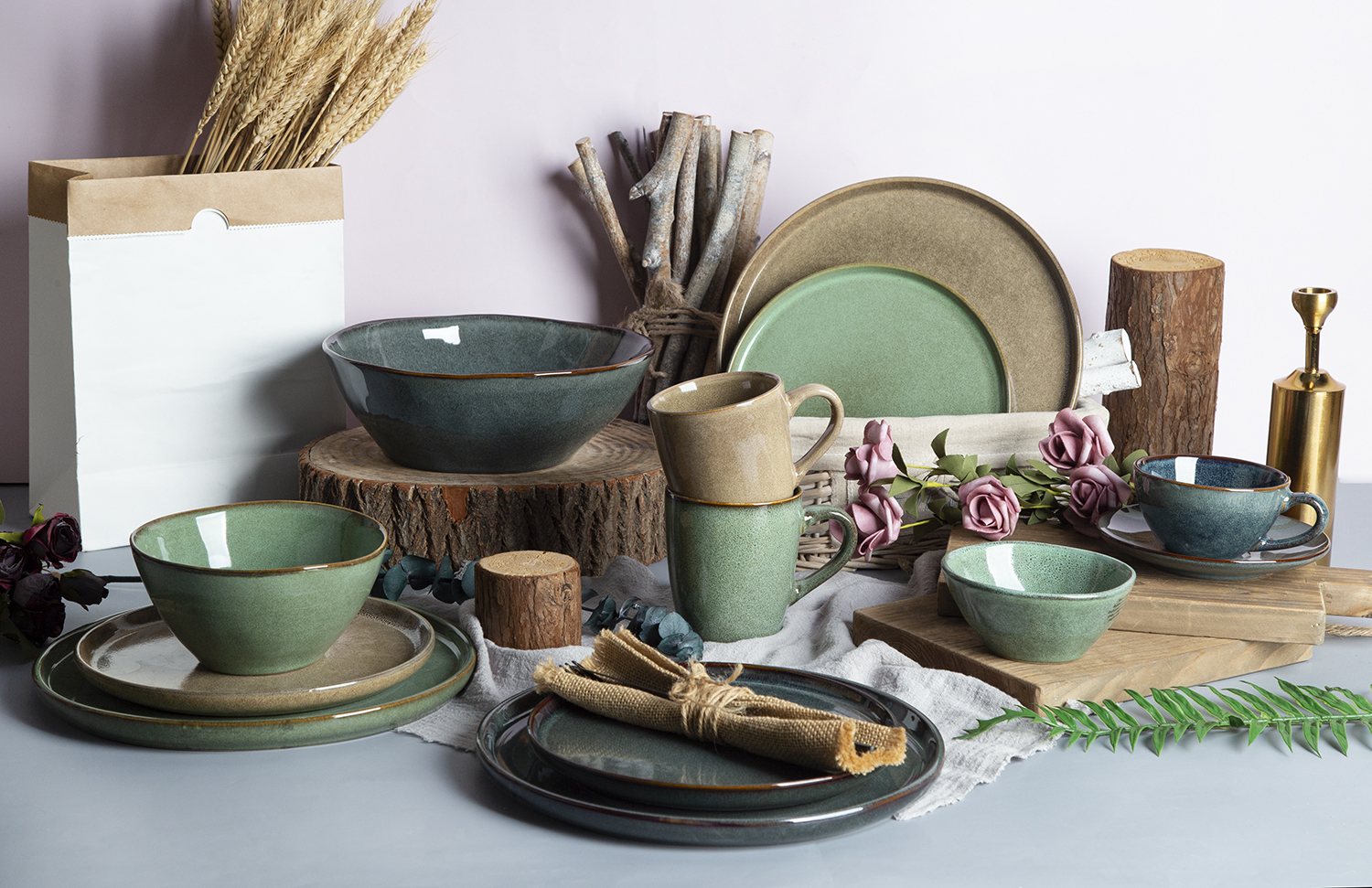 CHANGSHA HAPPY GO Embossed Green & Brown Reactive Stoneware Collection |happygodinnerware.com
