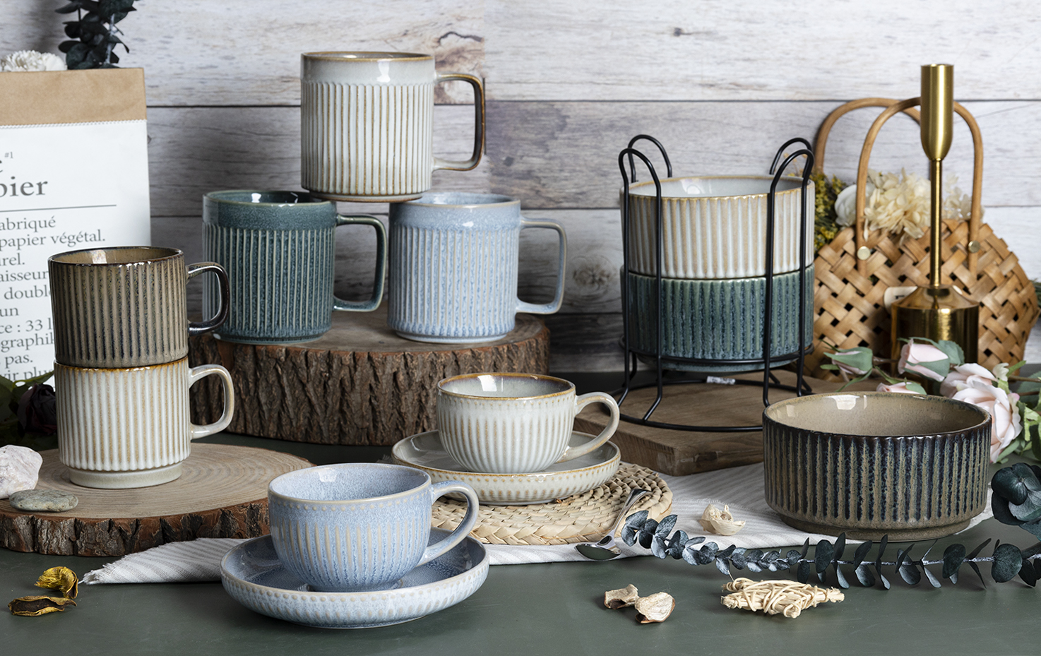 CHANGSHA HAPPY GO  Vintage Matte Embossed Striped Stoneware Mug and Tea Cup Set with Minimalist Design  |happygodinnerware.com