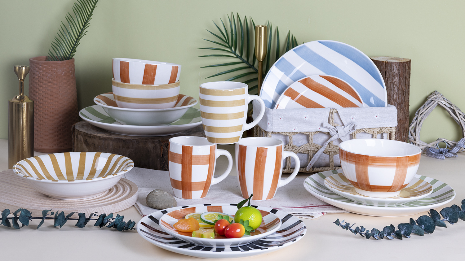 CHANGSHA HAPPY GO Fine Earthware Dinnerware Set with Classic Vertical Stripes and Mixed Grid Hand-Painted Patterns  |happygodinnerware.com