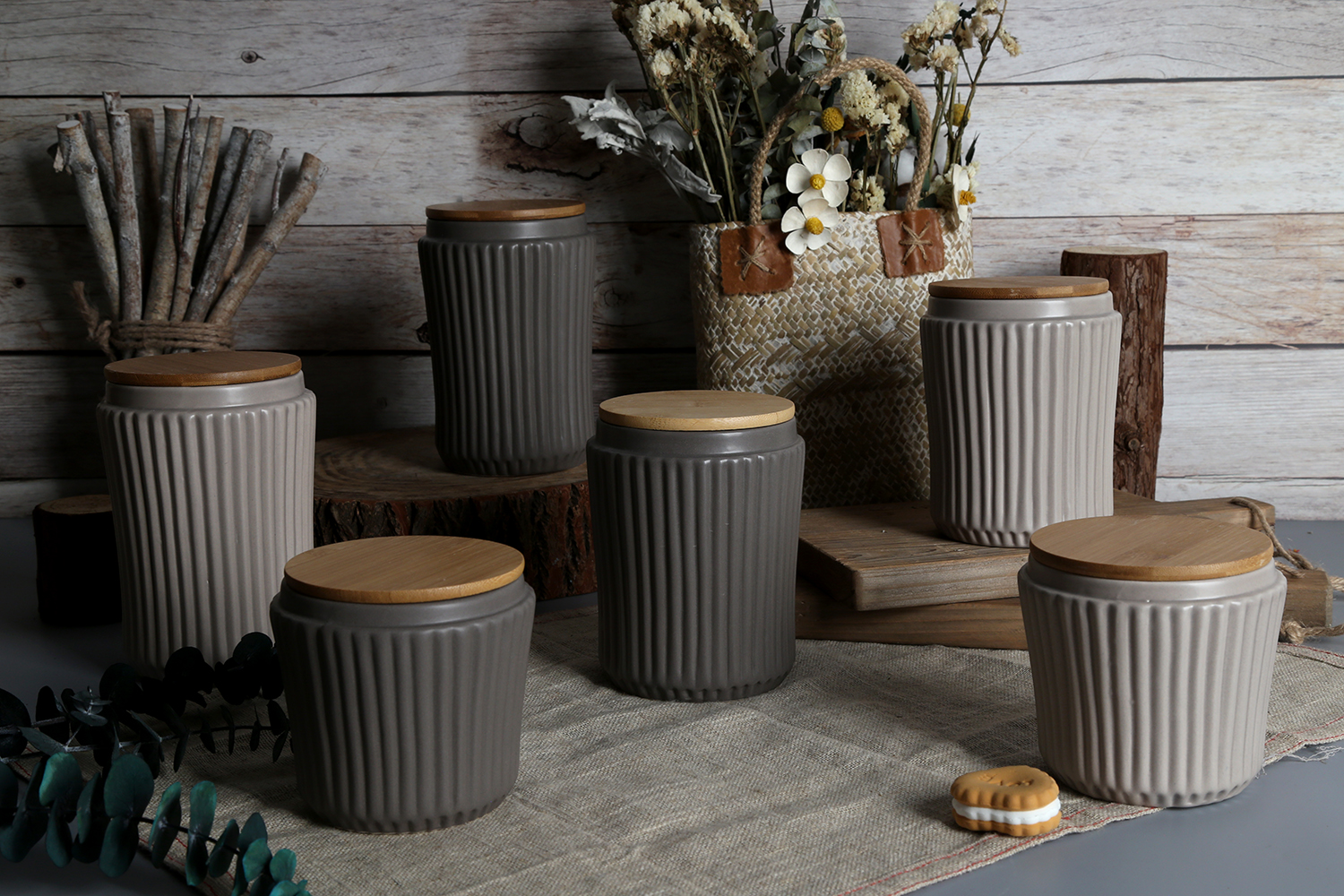 CHANGSHA HAPPY GO Vertical Striped Embossed Storage Jars with Bamboo Lid | happygodinnerware.com