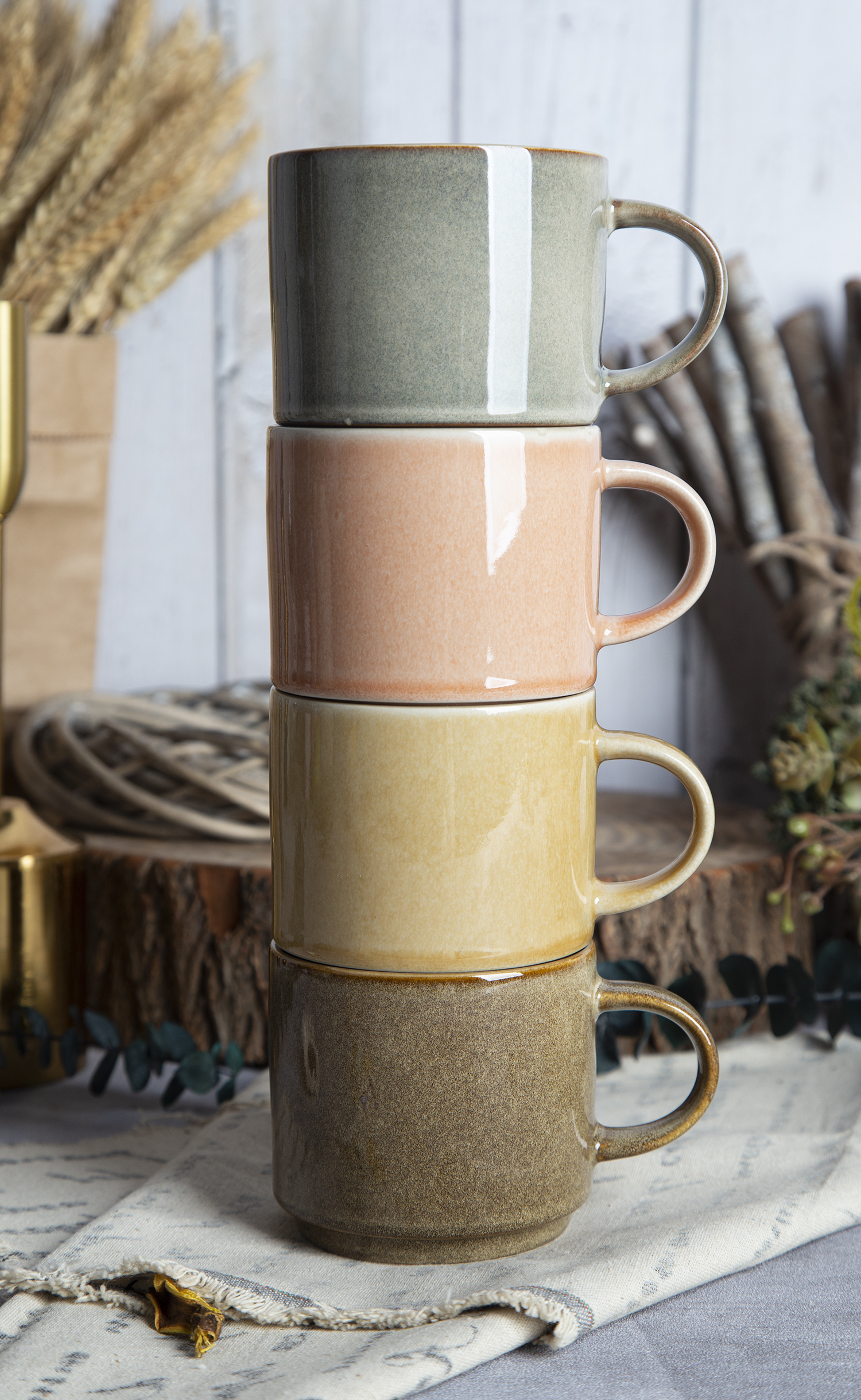 CHANGSHA HAPPY GO Taupe, Peach, Yellow & Olive Stackable Reactive Mugs |happygodinnerware.com