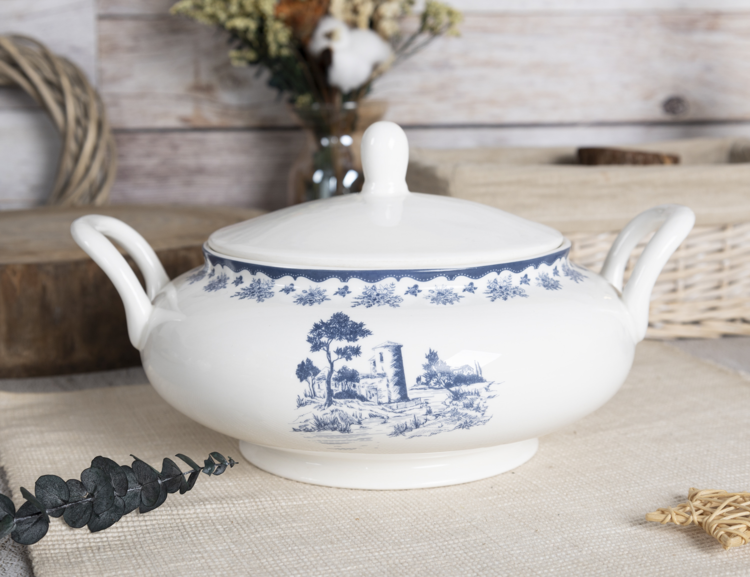 CHANGSHA HAPPY GO Blue Countryside Landscape Bone China Dinner Set – Floral Rim and Pastoral Scene Print |happygodinnerware.com