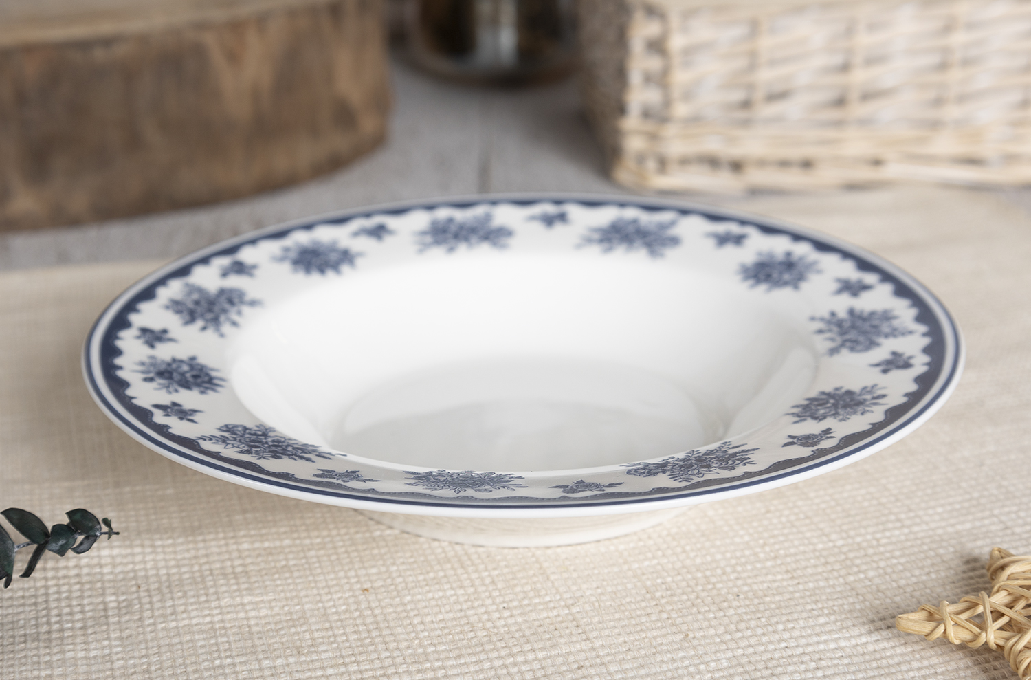 CHANGSHA HAPPY GO Blue Countryside Landscape Bone China Dinner Set – Floral Rim and Pastoral Scene Print |happygodinnerware.com