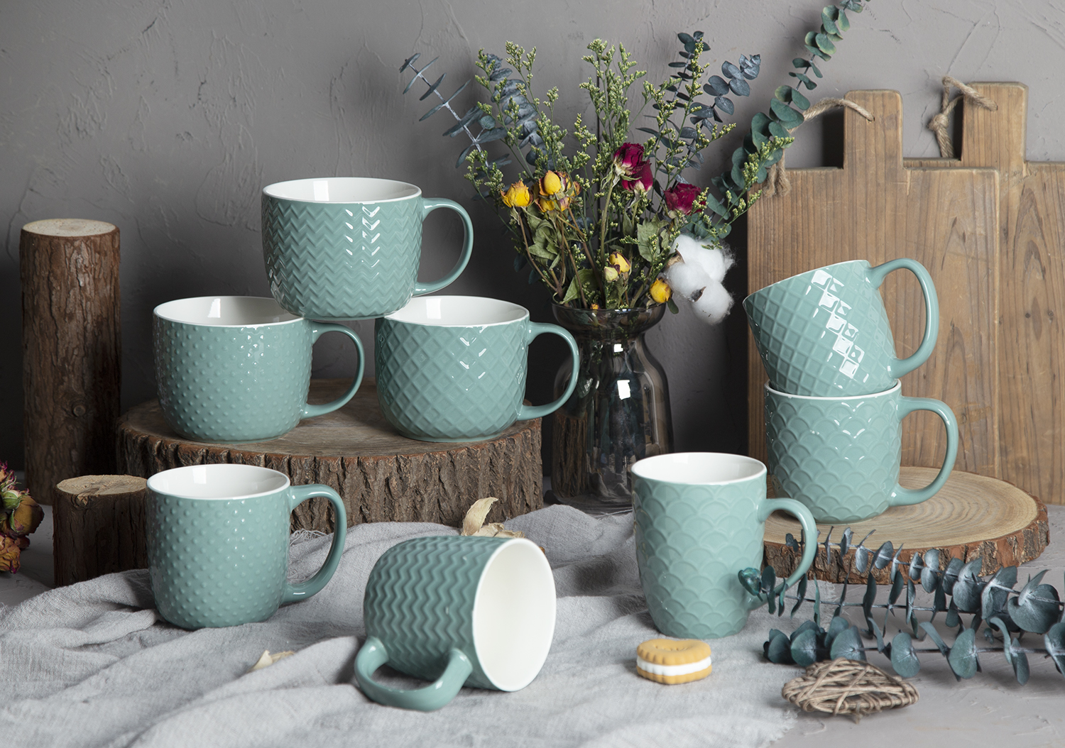 CHANGSHA HAPPY GO Celadon Embossed Bone China Mugs – Glossy Color Glaze with Geometric Relief Texture |happygodinnerware.com