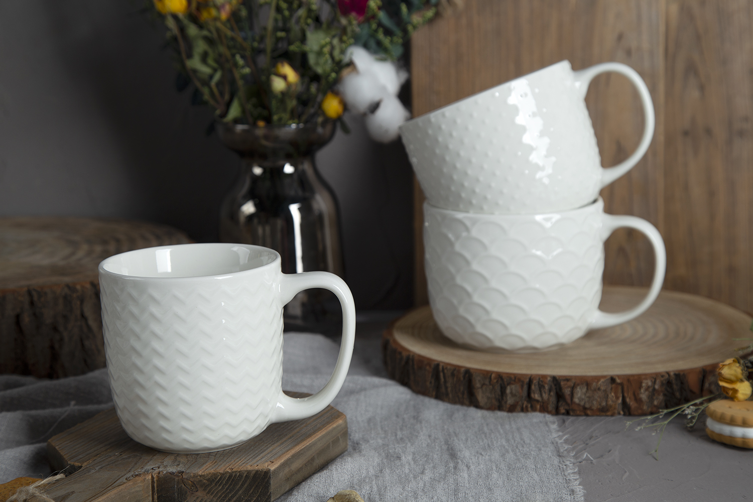 CHANGSHA HAPPY GO White Embossed Bone China Mugs – Glossy Color Glaze with 3D Relief Texture |happygodinnerware.com