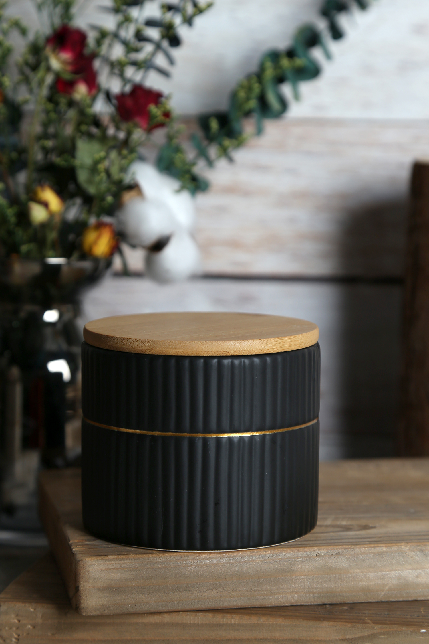 CHANGSHA HAPPY GO Ribbed Storage Jar with Gold Trim and Bamboo Lid in White Cloud Clay | happygodinnerware.com
