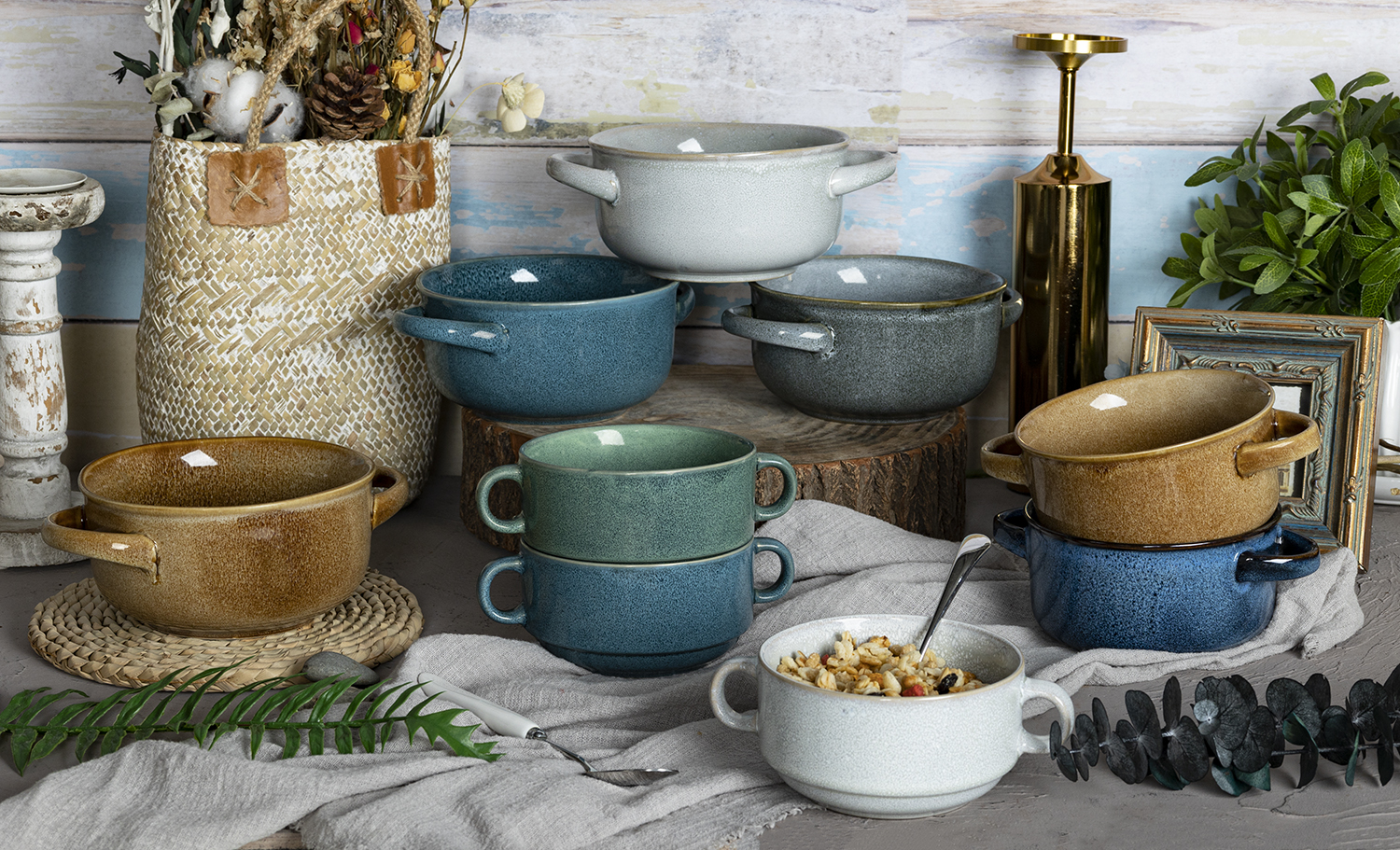 CHANGSHA HAPPY GO  Vintage Reactive Glaze Stoneware Double-Handled Bowl Set for Rustic Kitchen Use  |happygodinnerware.com
