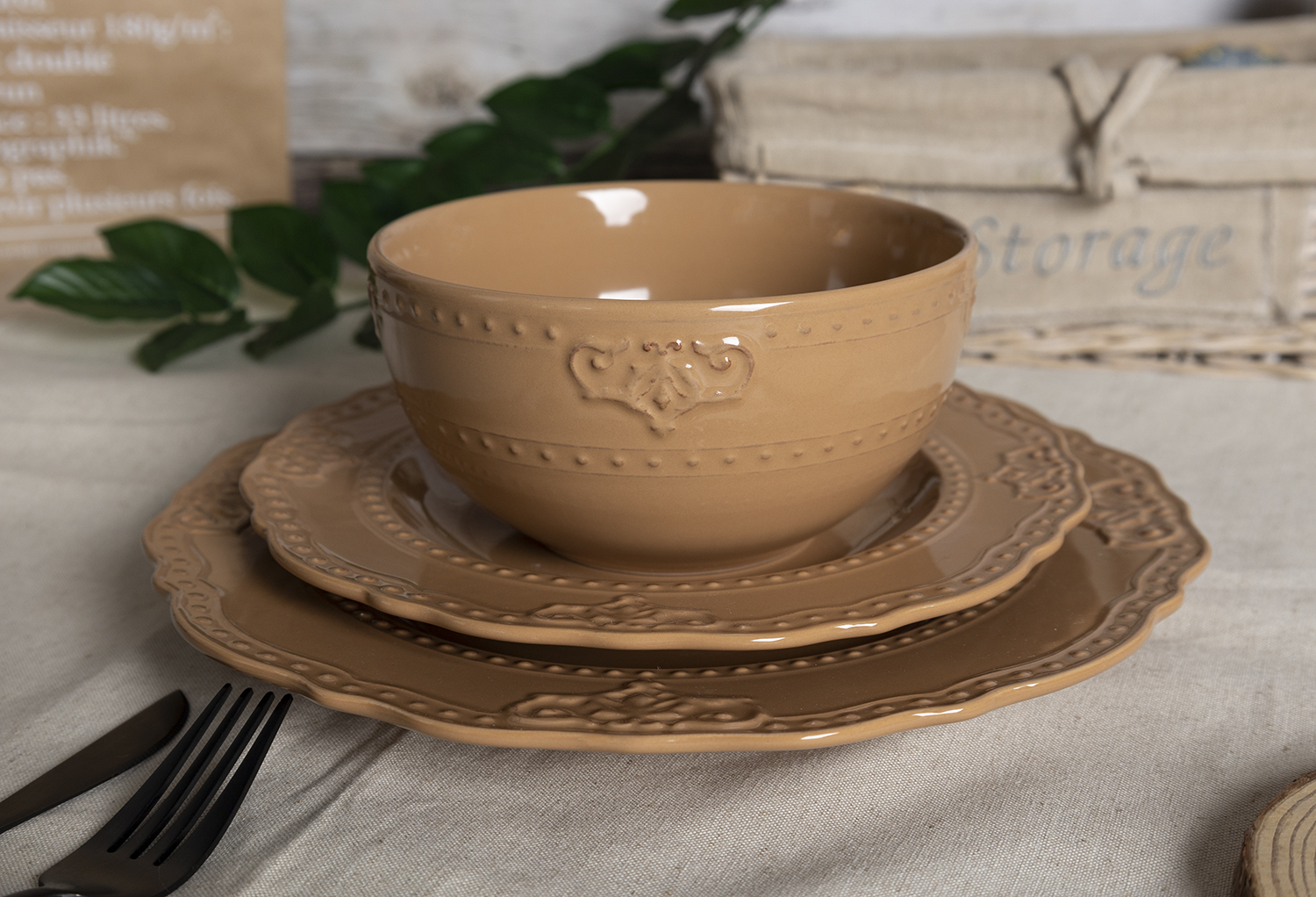 CHANGSHA HAPPY GO Vintage Embossed Stoneware Dinnerware Set with French Baroque Relief Design and Elegant Neutral Glazes  |happygodinnerware.com