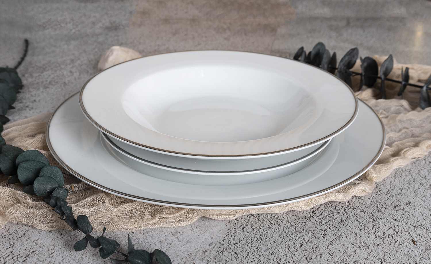 CHANGSHA HAPPY GO  Refined White Porcelain Plates and Bowls with Contoured Edge and Platinum Trim |happygodinnerware.com