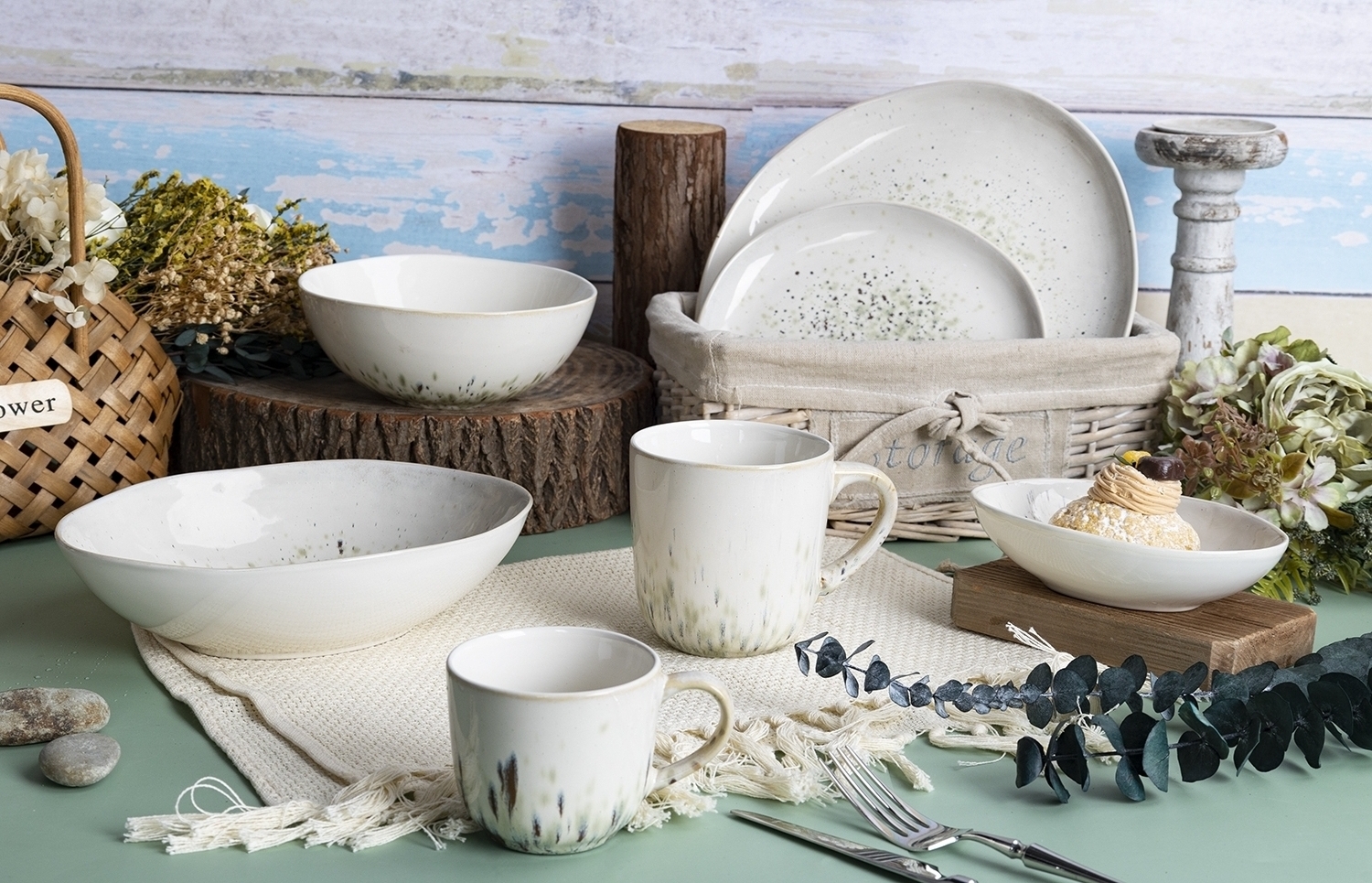 CHANGSHA HAPPY GO  Soft Reactive Glaze Stoneware Table Set in Creamy Ivory with Subtle Forest Tinting and Rustic Refinement |happygodinnerware.com