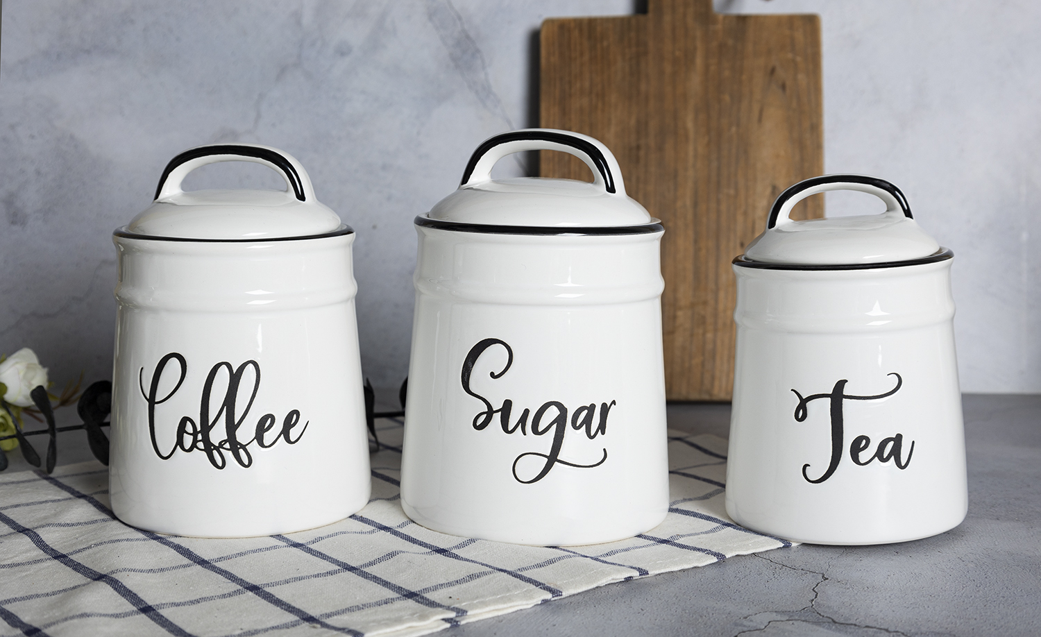 CHANGSHA HAPPY GO Vintage Style White Ceramic Kitchen Storage Set with Script Silkscreen Font – Coffee, Sugar, Tea, Butter Dish, Soap Dispenser and More |happygodinnerware.com