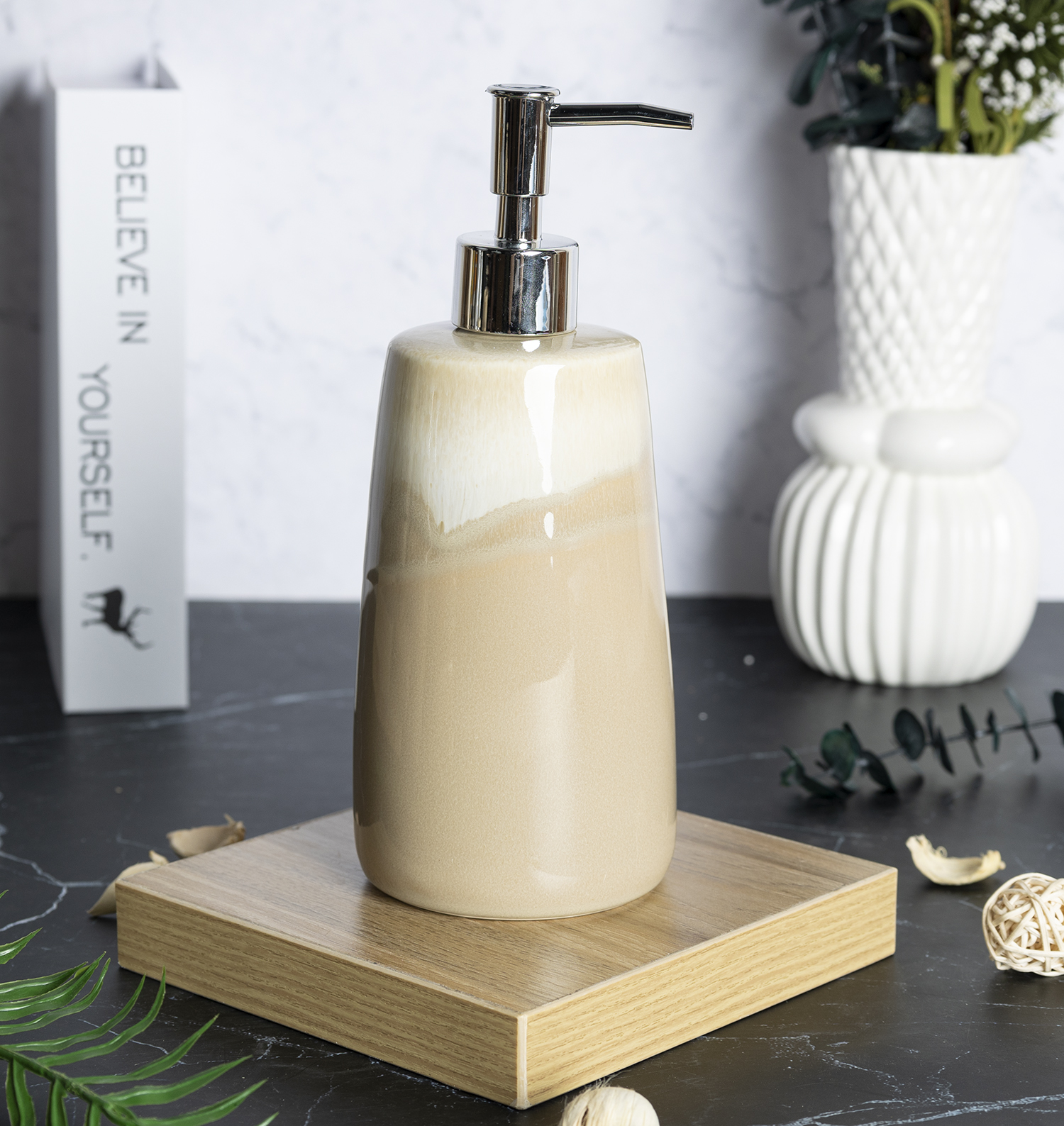 CHANGSHA HAPPY GO Light Beige Reactive Glaze Stoneware Bathroom Set – 7-Piece Rustic Ceramic Accessory Kit with Soap Dispenser and Canister |happygodinnerware.com