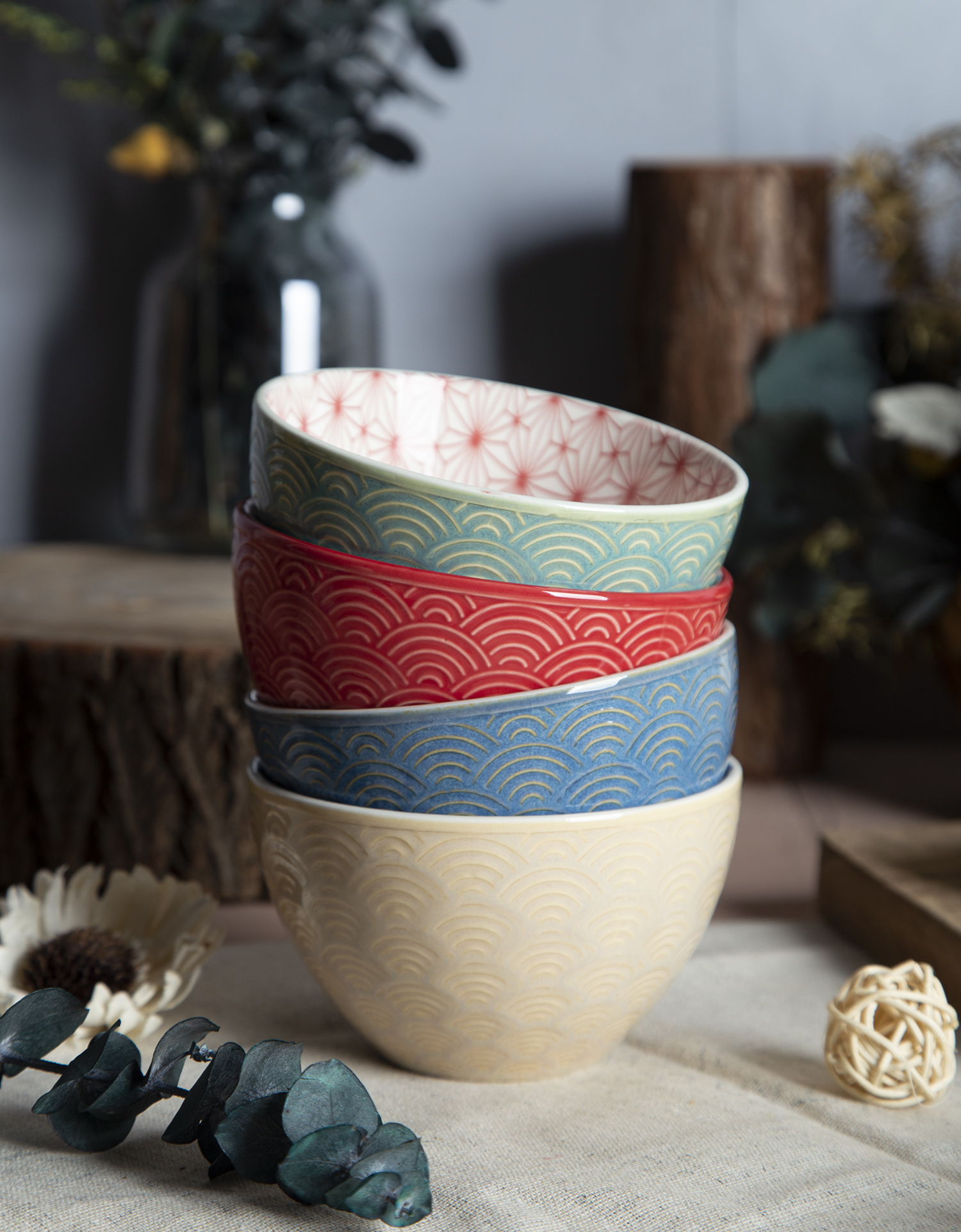CHANGSHA HAPPY GO Wave Pattern Embossed Stoneware Bowls with Color Glaze and Floral Print | happygodinnerware.com