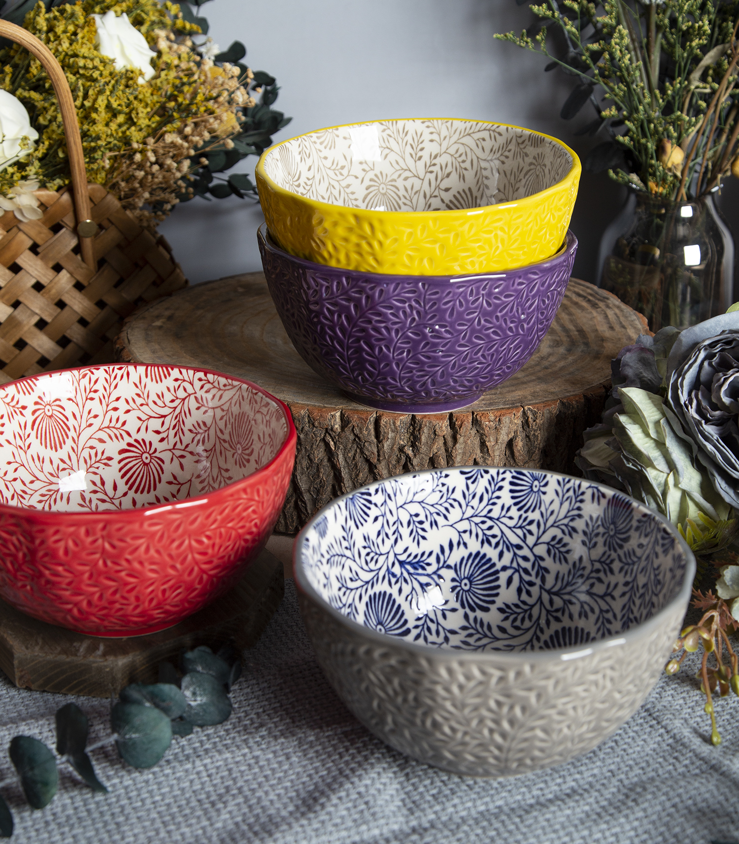 CHANGSHA HAPPY GO Wisteria Embossed Stoneware Bowls with Floral Print | happygodinnerware.com
