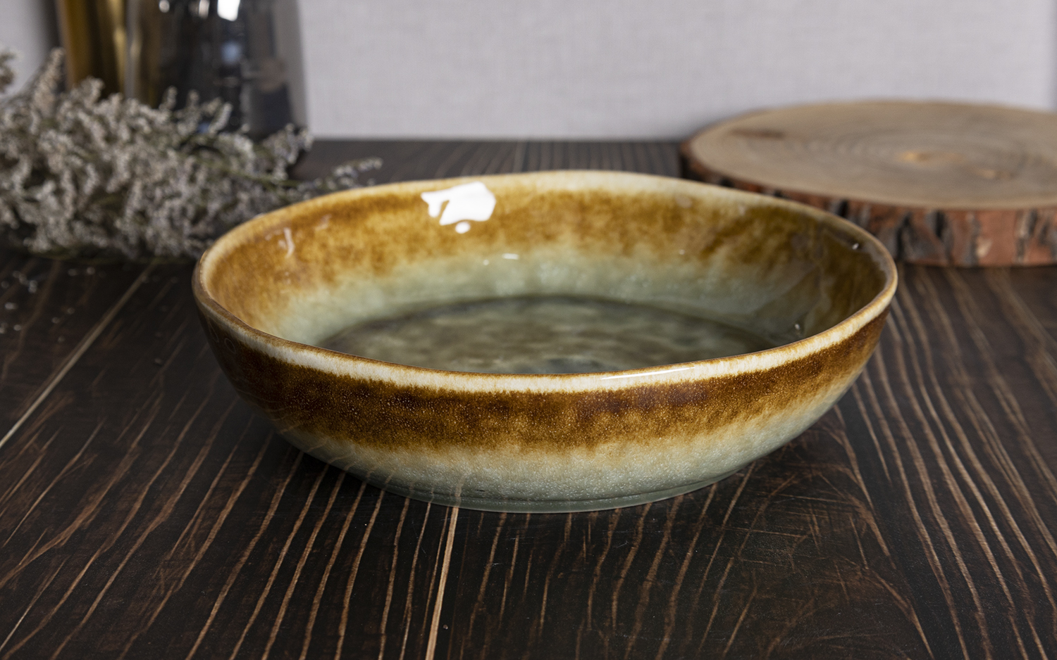 CHANGSHA HAPPY GO Vintage Reactive Glaze Stoneware Dinnerware Set in Amber and Moss Green|happygodinnerware.com
