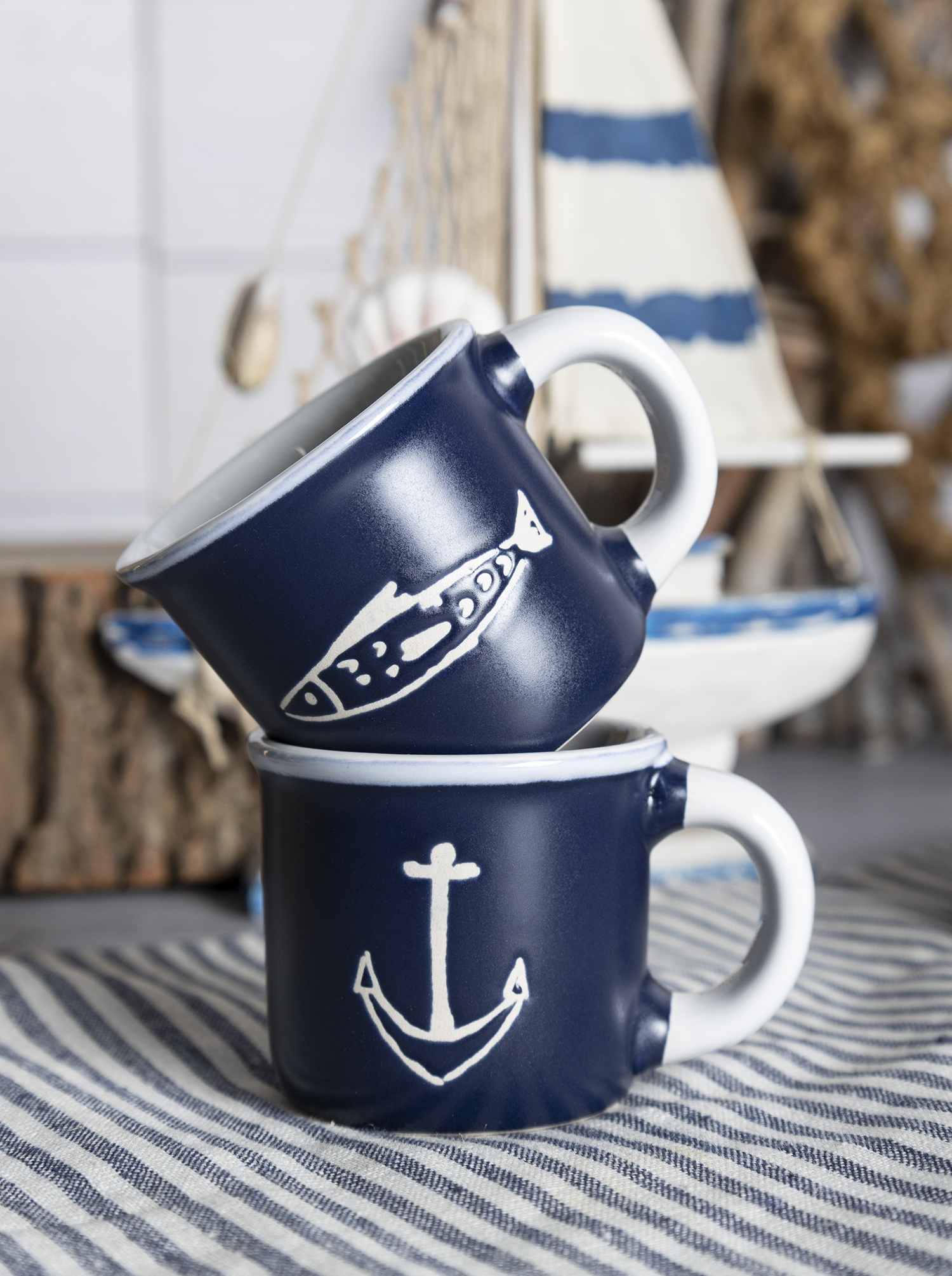 CHANGSHA HAPPY GO  Marine-Themed Matte Glazed Stoneware Set – 16-Piece Nautical Print Mugs and Bowls in Deep Blue |happygodinnerware.com