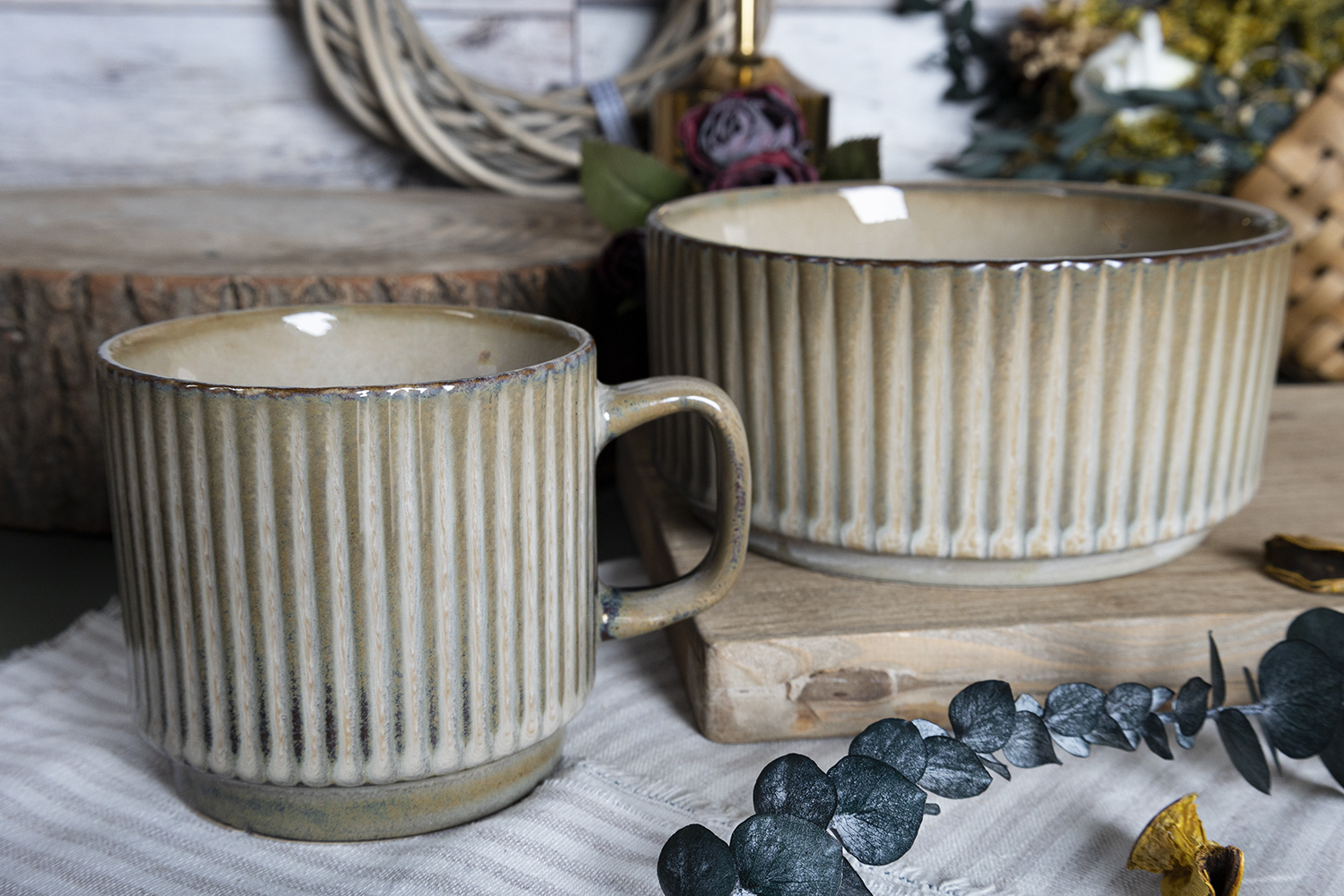 CHANGSHA HAPPY GO  Vintage Matte Embossed Striped Stoneware Tea Set with Storage Basket for Stylish Serving  |happygodinnerware.com