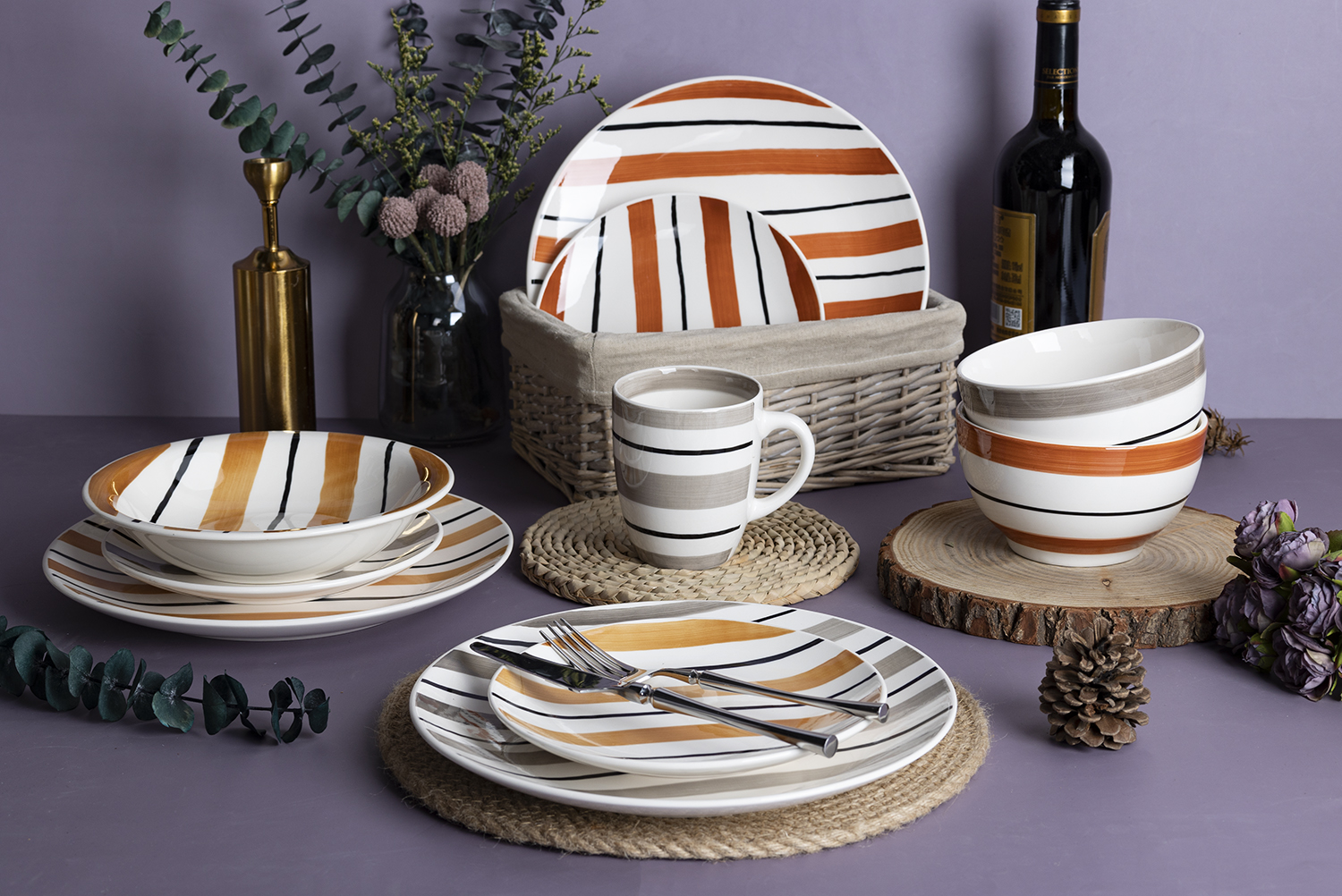 CHANGSHA HAPPY GO Autumn and Winter Handpainted Fine Earthenware Dinnerware Set with Warm Stripes and Cozy Seasonal Colors  |happygodinnerware.com