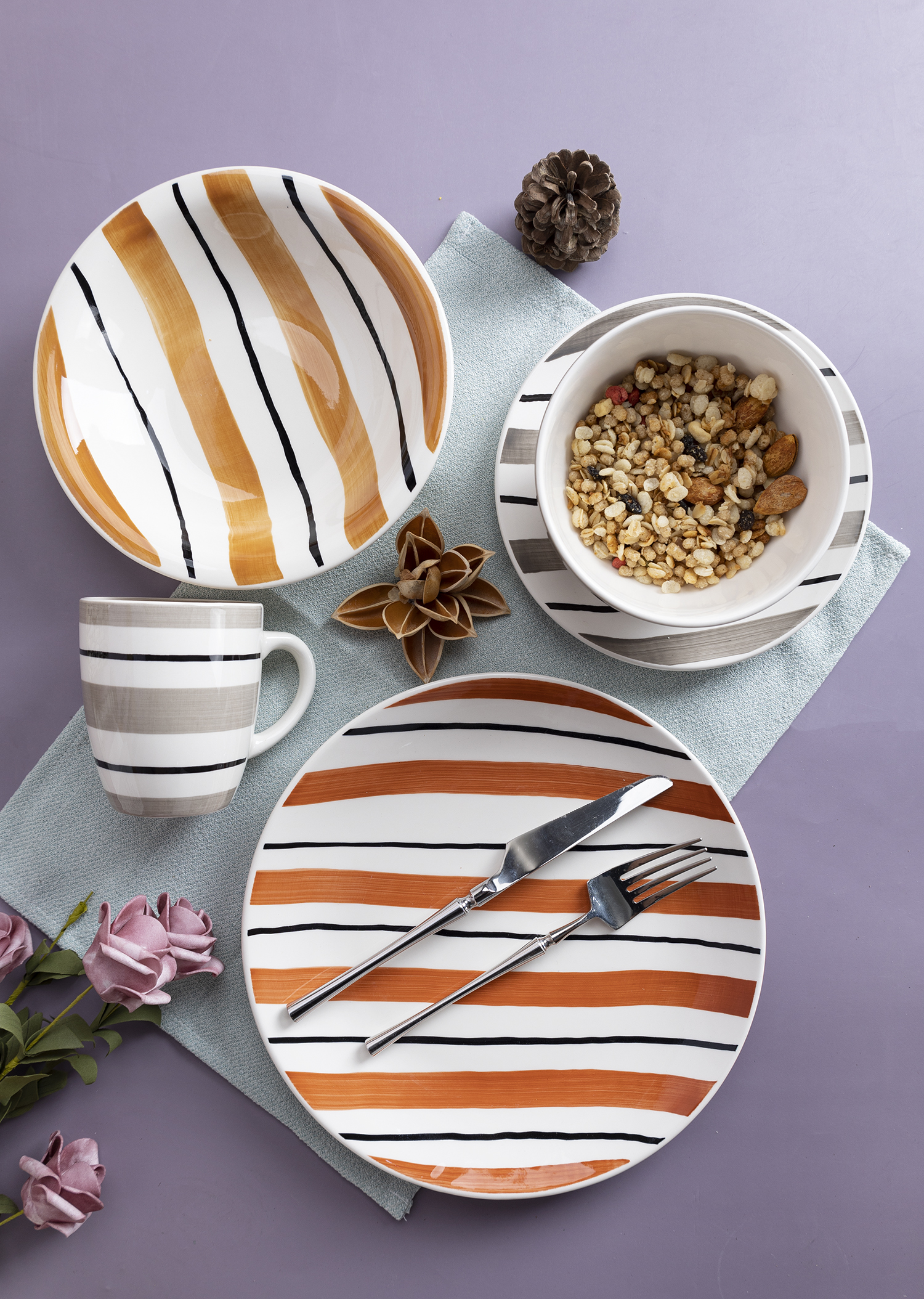 CHANGSHA HAPPY GO Autumn and Winter Handpainted Fine Earthenware Dinnerware Set with Warm Stripes and Cozy Seasonal Colors  |happygodinnerware.com