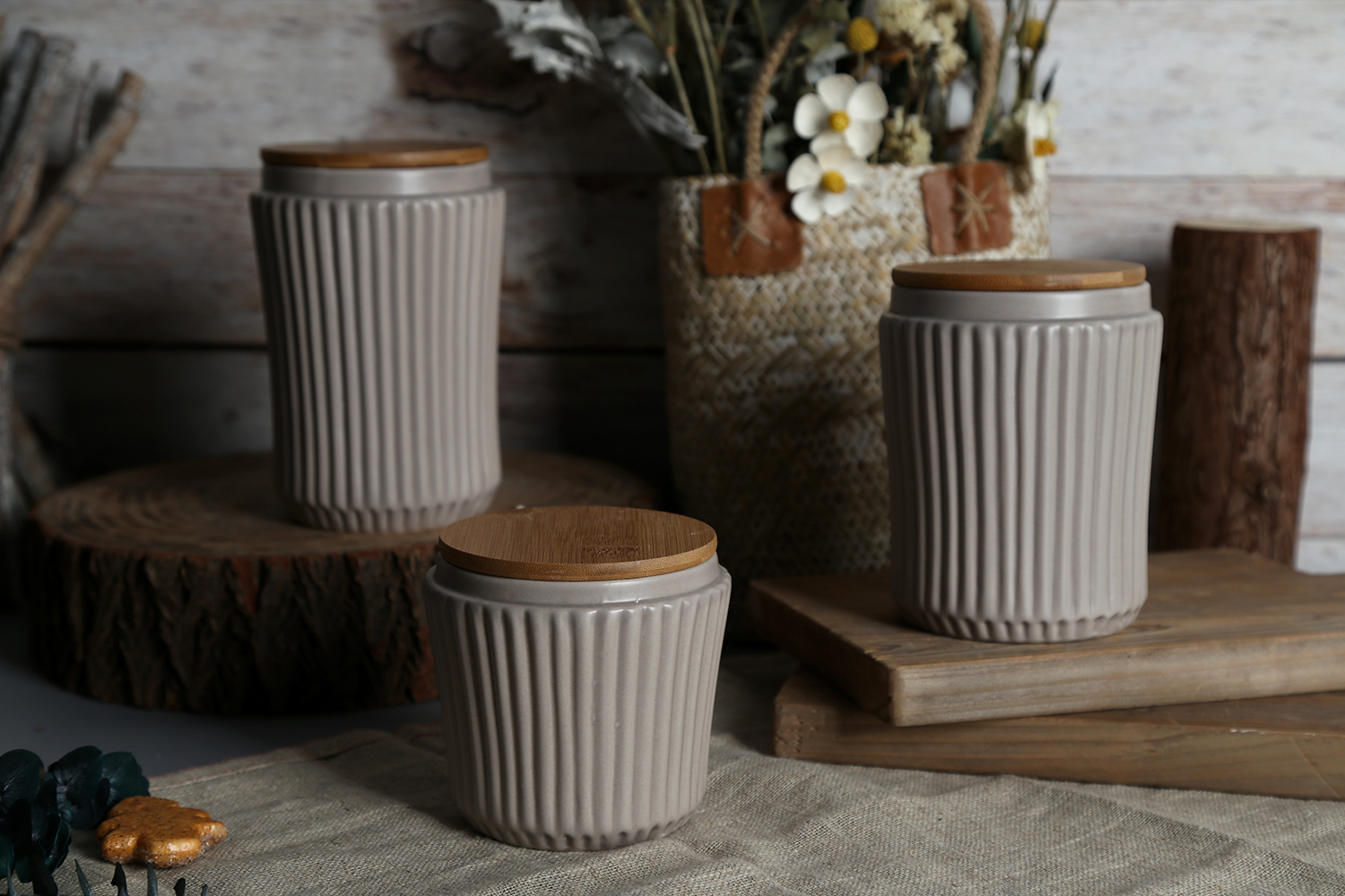 CHANGSHA HAPPY GO Vertical Striped Embossed Storage Jars with Bamboo Lid | happygodinnerware.com