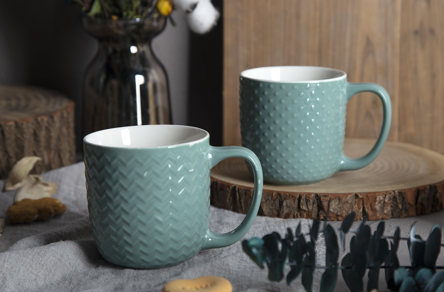 CHANGSHA HAPPY GO Celadon Embossed Bone China Mugs – Glossy Color Glaze with Geometric Relief Texture |happygodinnerware.com