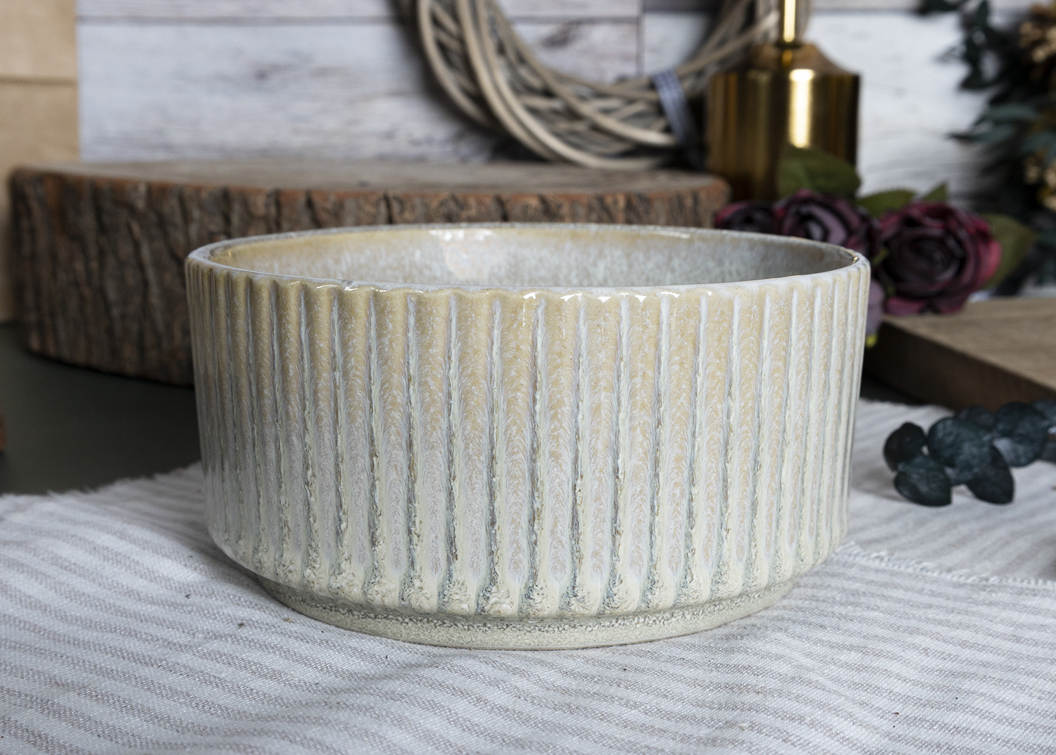 CHANGSHA HAPPY GO  Vintage Matte Embossed Striped Stoneware Tea Set with Storage Basket for Stylish Serving  |happygodinnerware.com