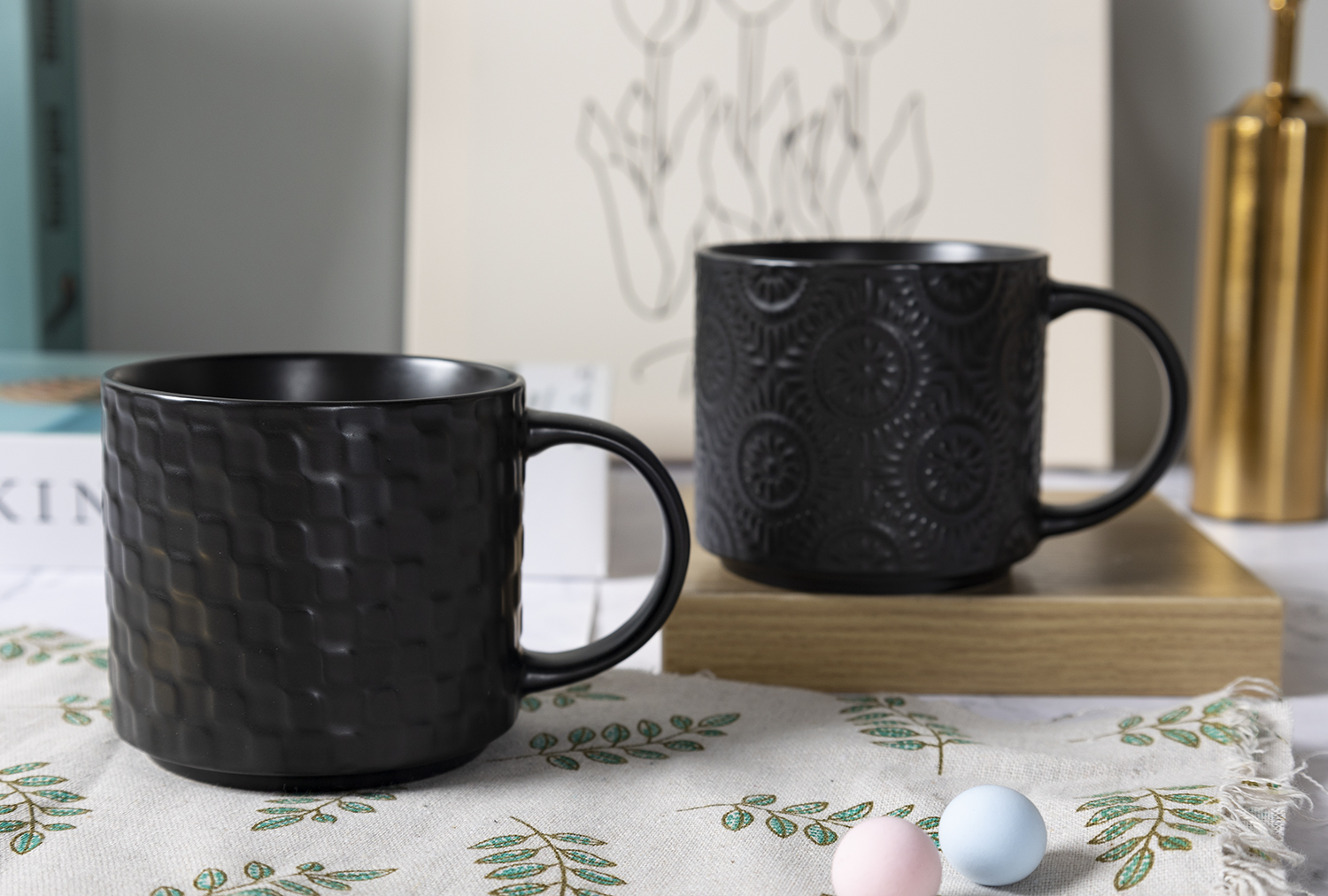 CHANGSHA HAPPY GO Matte Black and White Reactive Glaze New Bone China with Embossed Craft Mug Set | happygodinnerware.com