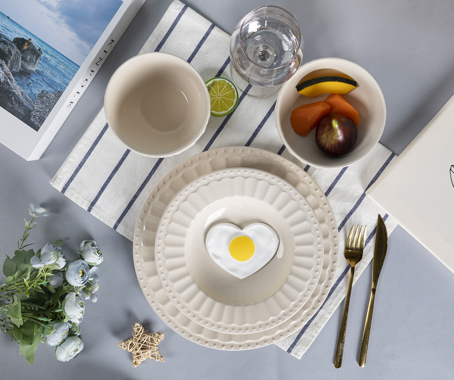 CHANGSHA HAPPY GO  Beige Embossed Stoneware Dinner Plate Set with Classic Texture for Elegant Dining  |happygodinnerware.com