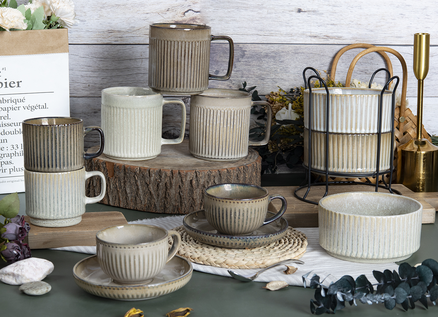 CHANGSHA HAPPY GO Vintage Matte Embossed Striped Stoneware Mug Set with Handcrafted Texture for Coffee and Tea  |happygodinnerware.com