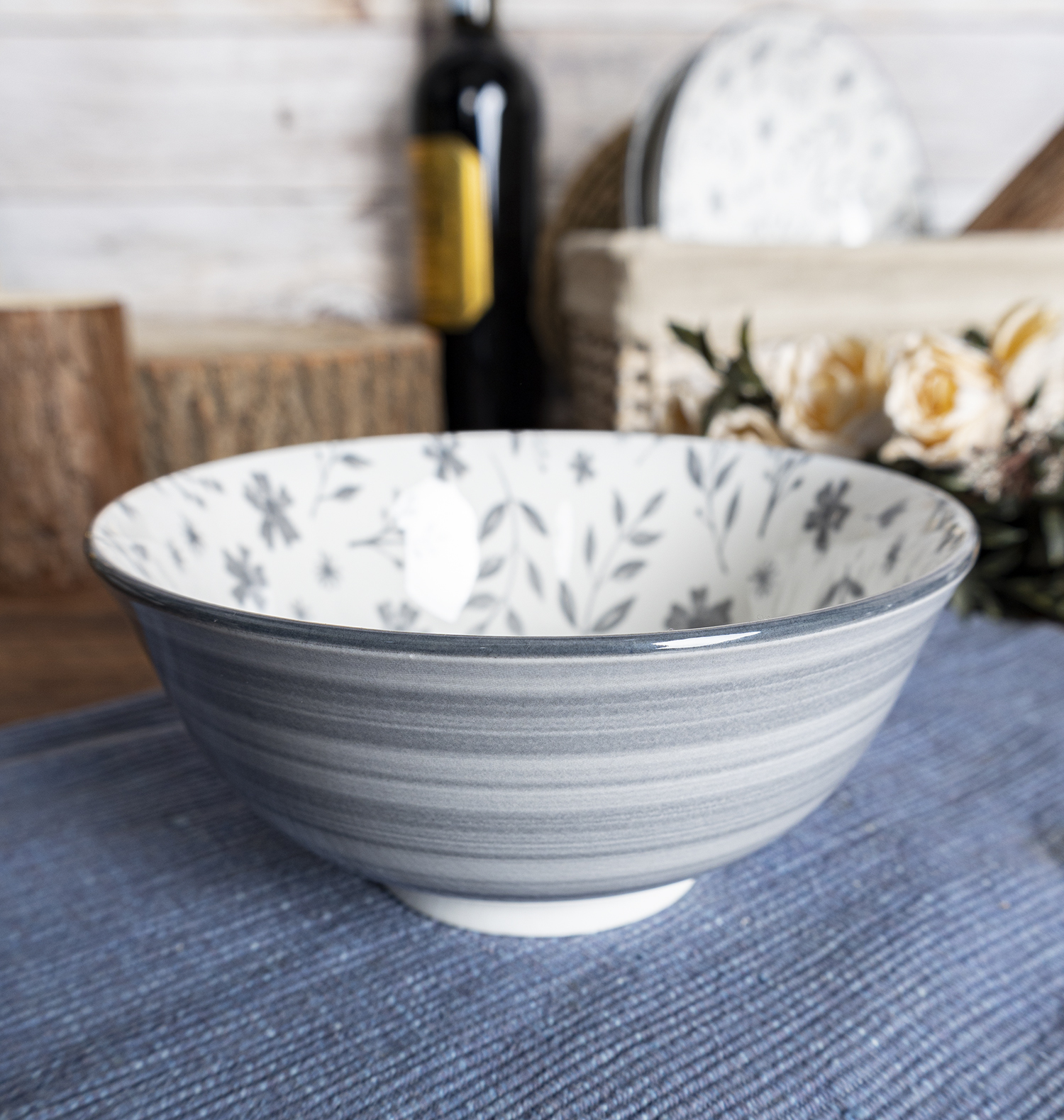 CHANGSHA HAPPY GO Vintage Grey Floral Printed White Porcelain Dinnerware Set with Elegant Rustic Patterns  |happygodinnerware.com