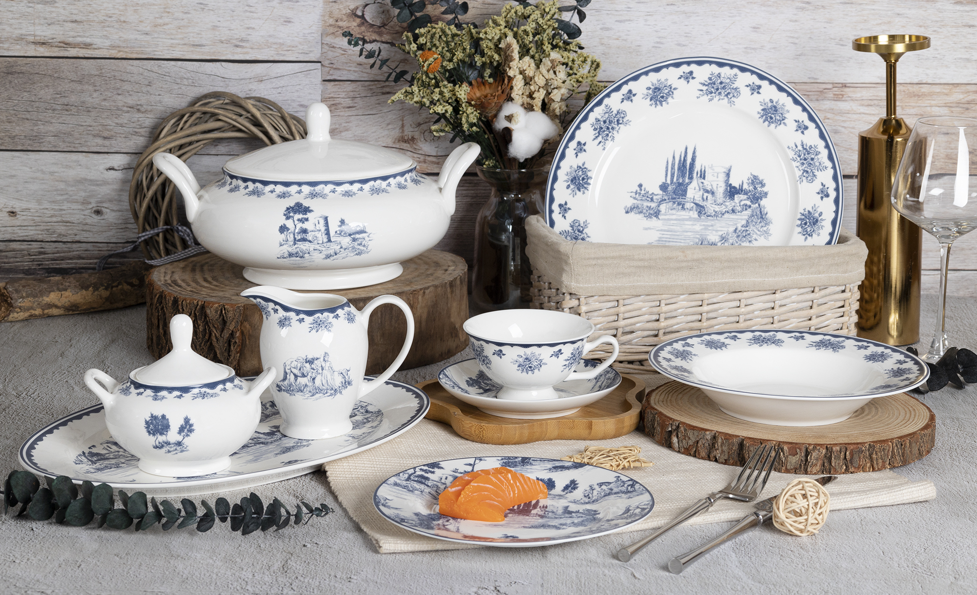 CHANGSHA HAPPY GO Blue Countryside Landscape Bone China Dinner Set – Floral Rim and Pastoral Scene Print |happygodinnerware.com