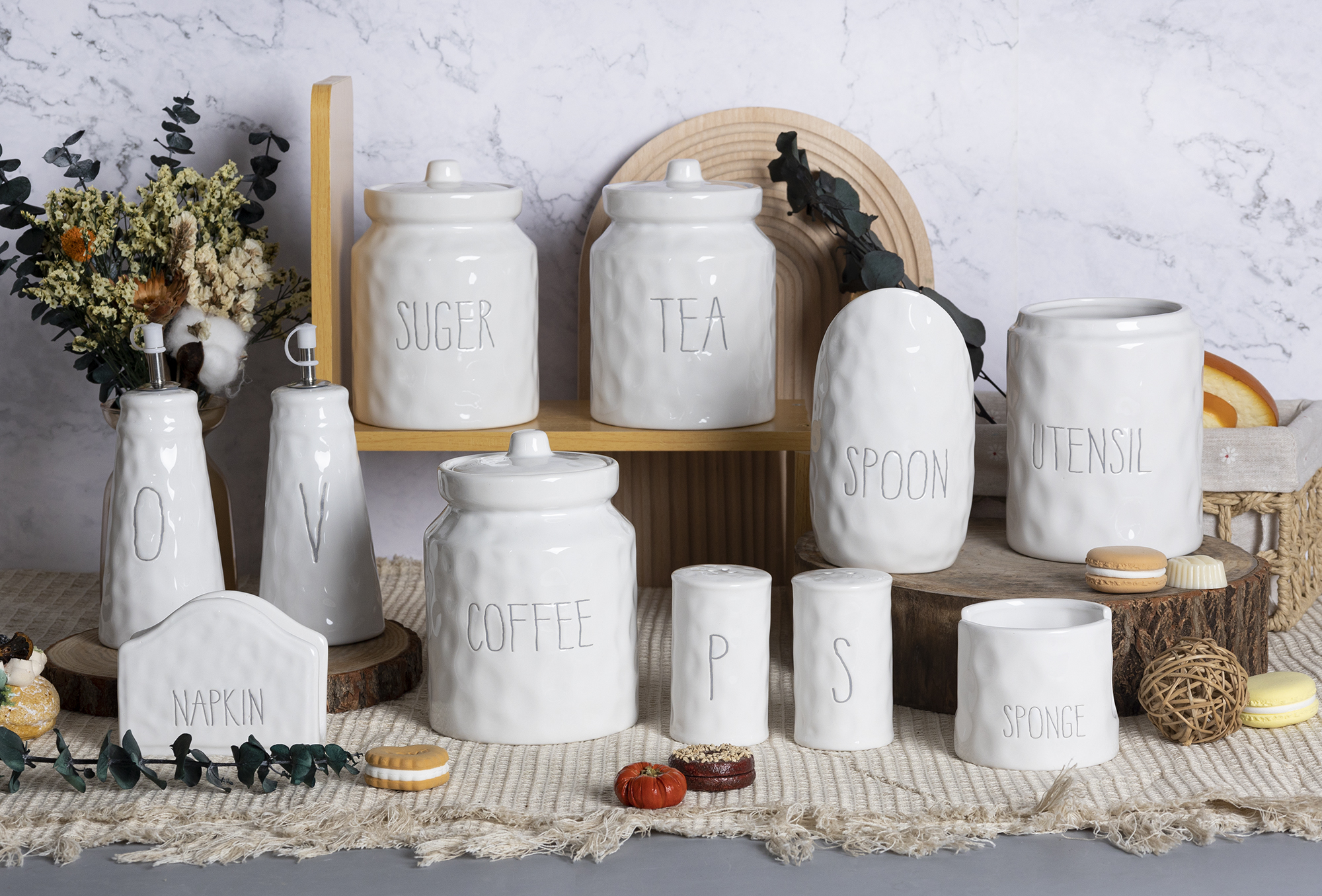 CHANGSHA HAPPY GO White Embossed Ceramic Kitchen Jar Collection with Script Lettering and Red Heart Decor Accents |happygodinnerware.com