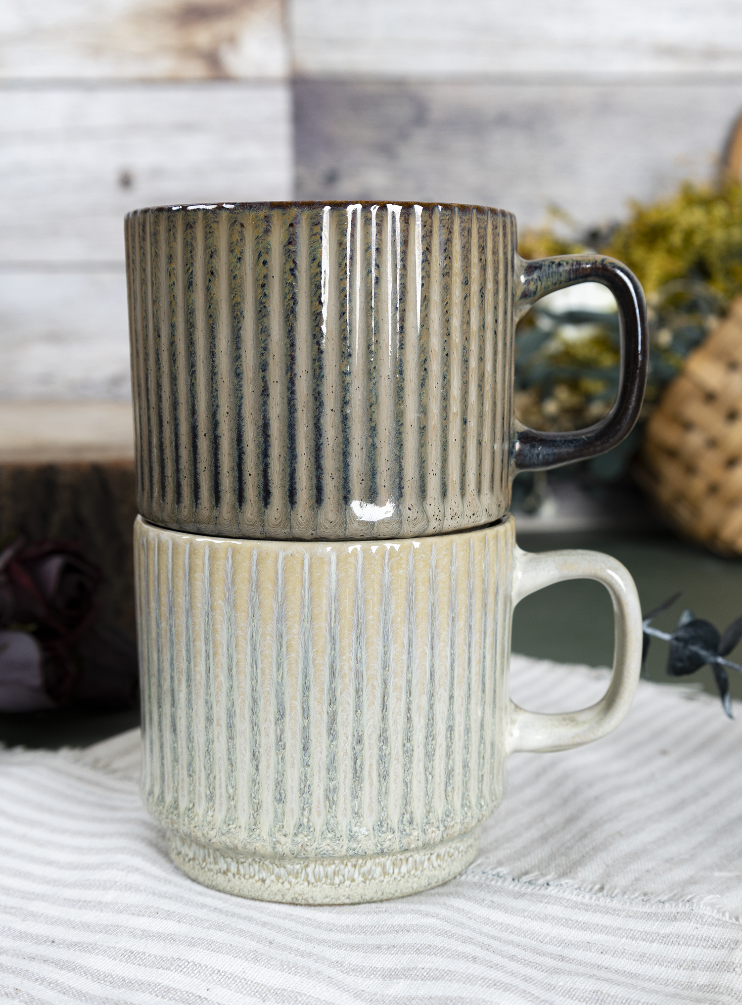 CHANGSHA HAPPY GO Vintage Matte Embossed Striped Stoneware Mug Set with Handcrafted Texture for Coffee and Tea  |happygodinnerware.com